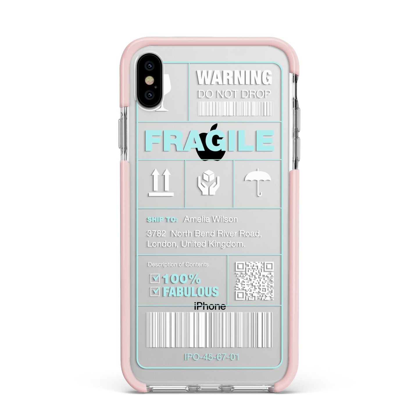 White and Blue Parcel Label with Name Apple iPhone Xs Max Impact Case Pink Edge on Silver Phone