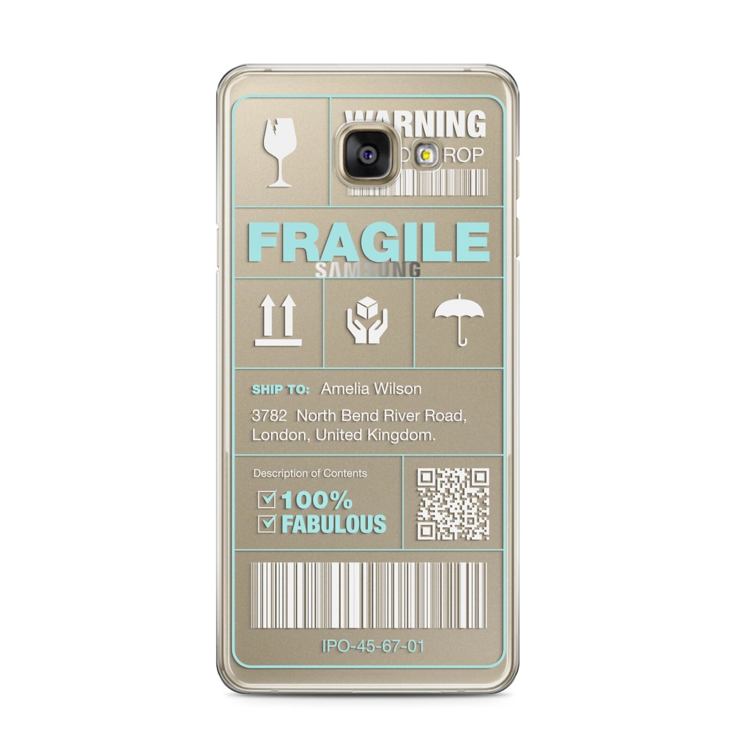 White and Blue Parcel Label with Name Samsung Galaxy A3 2016 Case on gold phone