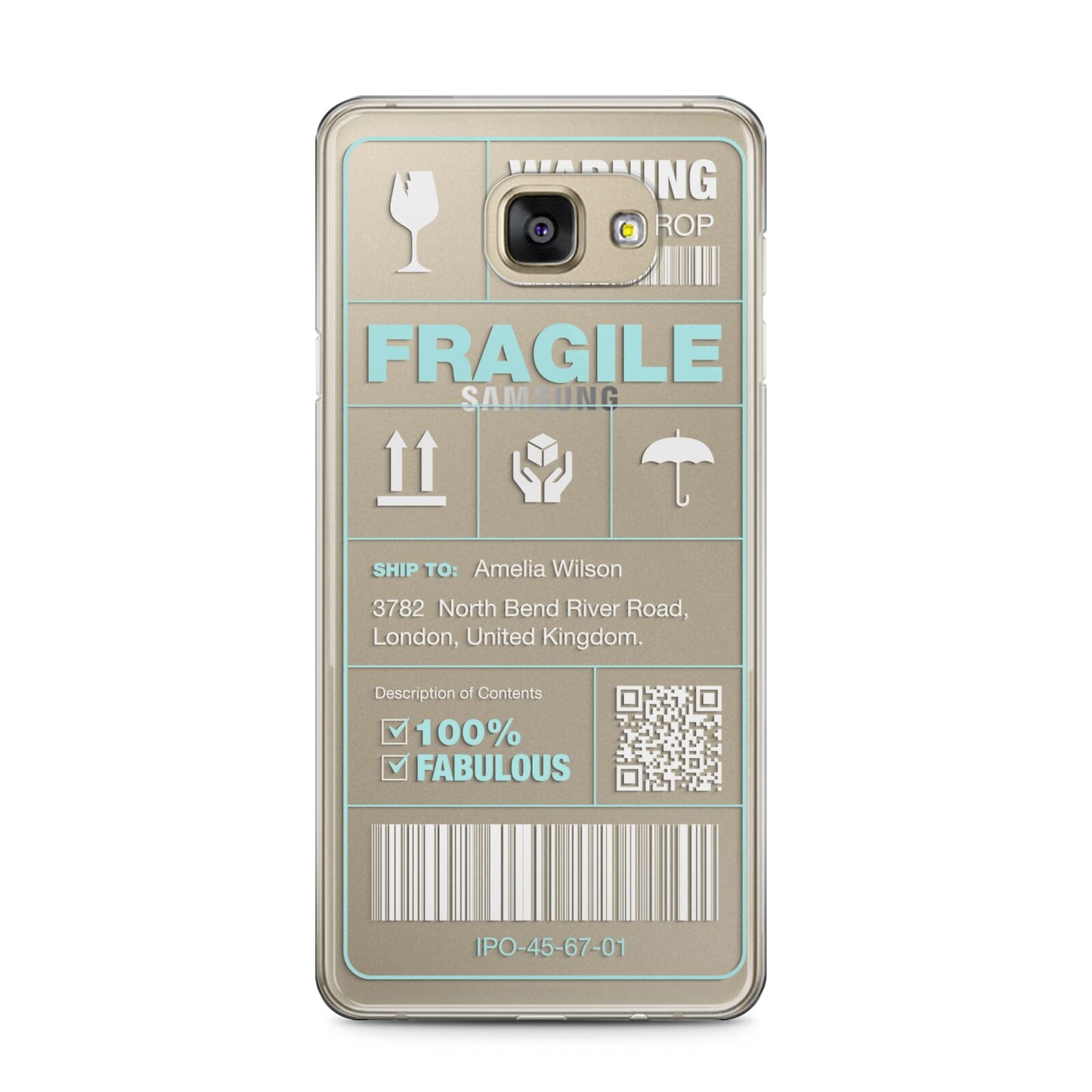 White and Blue Parcel Label with Name Samsung Galaxy A5 2016 Case on gold phone