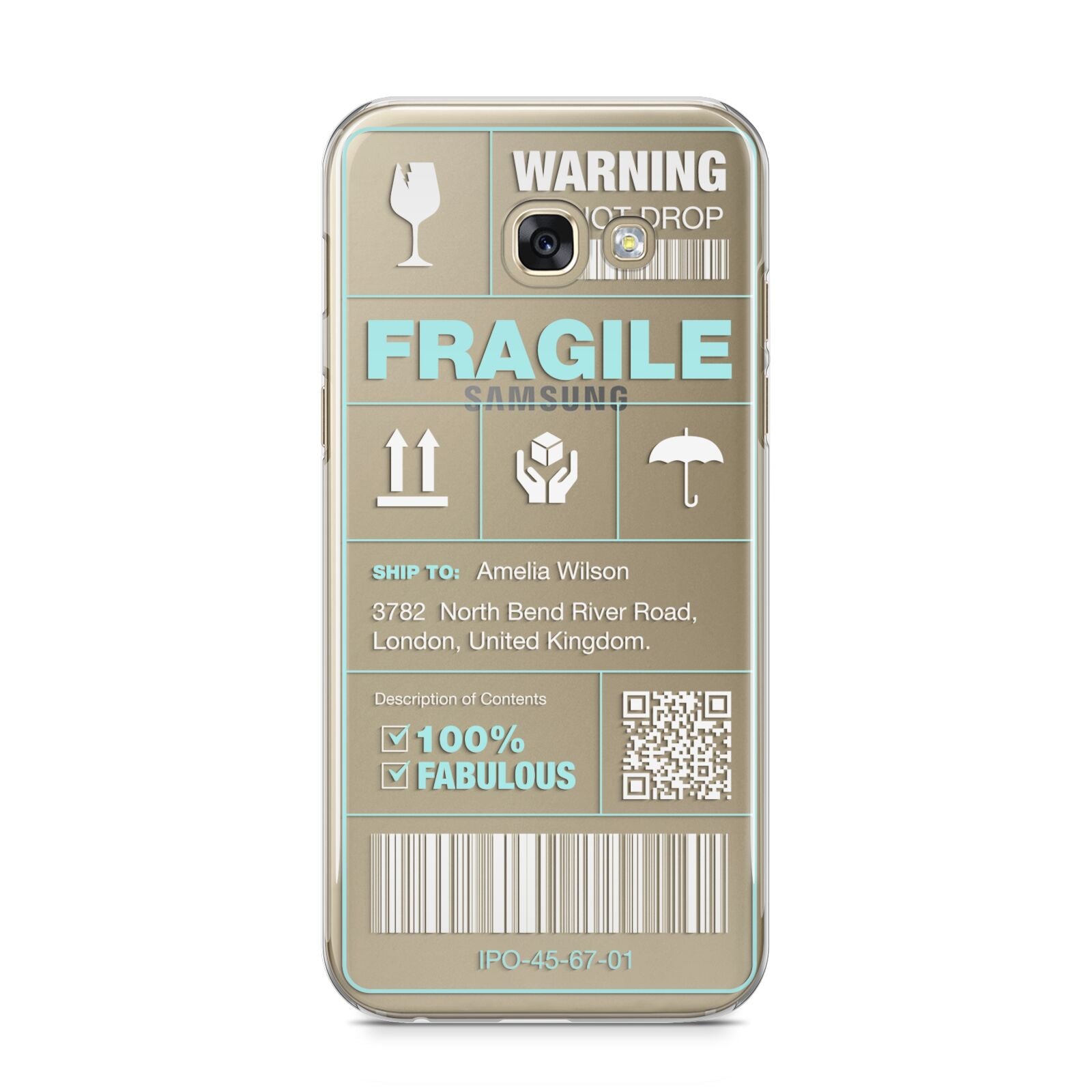 White and Blue Parcel Label with Name Samsung Galaxy A5 2017 Case on gold phone