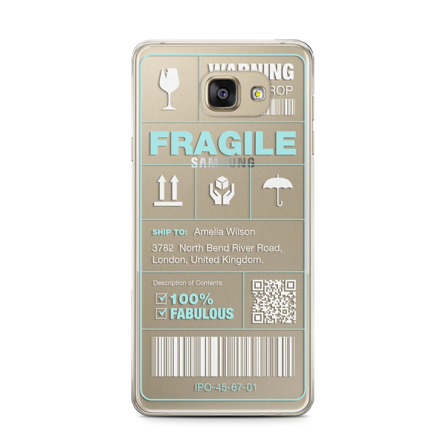 White and Blue Parcel Label with Name Samsung Galaxy A7 2016 Case on gold phone