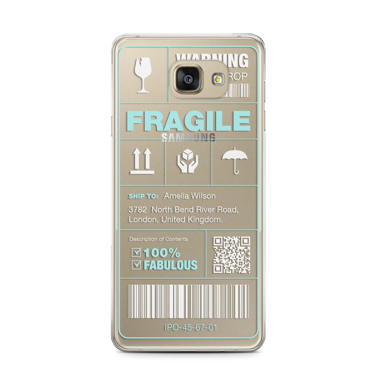 White and Blue Parcel Label with Name Samsung Galaxy A7 2016 Case on gold phone