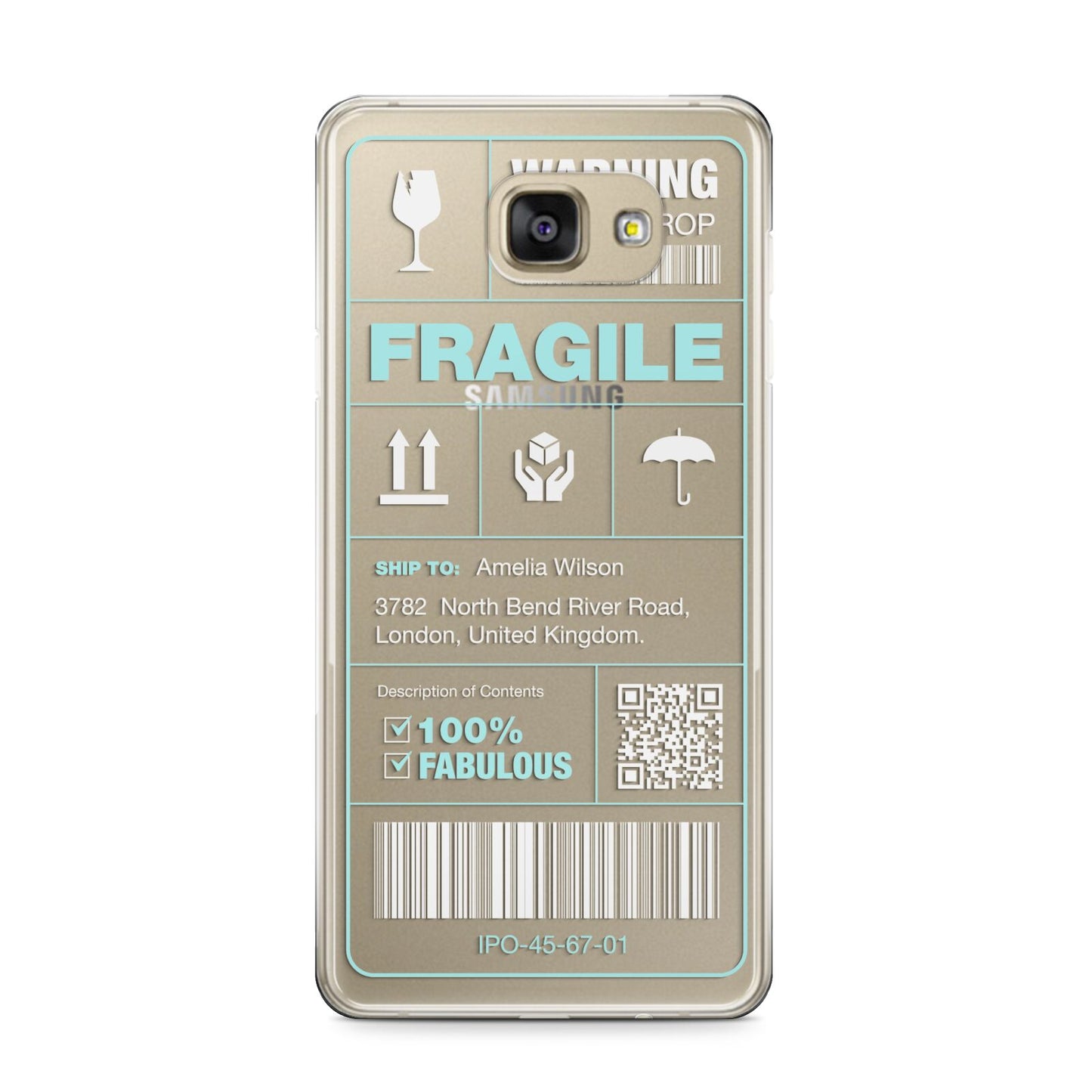 White and Blue Parcel Label with Name Samsung Galaxy A9 2016 Case on gold phone