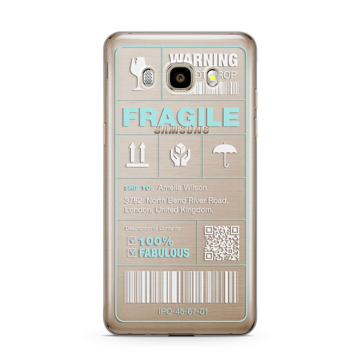 White and Blue Parcel Label with Name Samsung Galaxy J7 2016 Case on gold phone