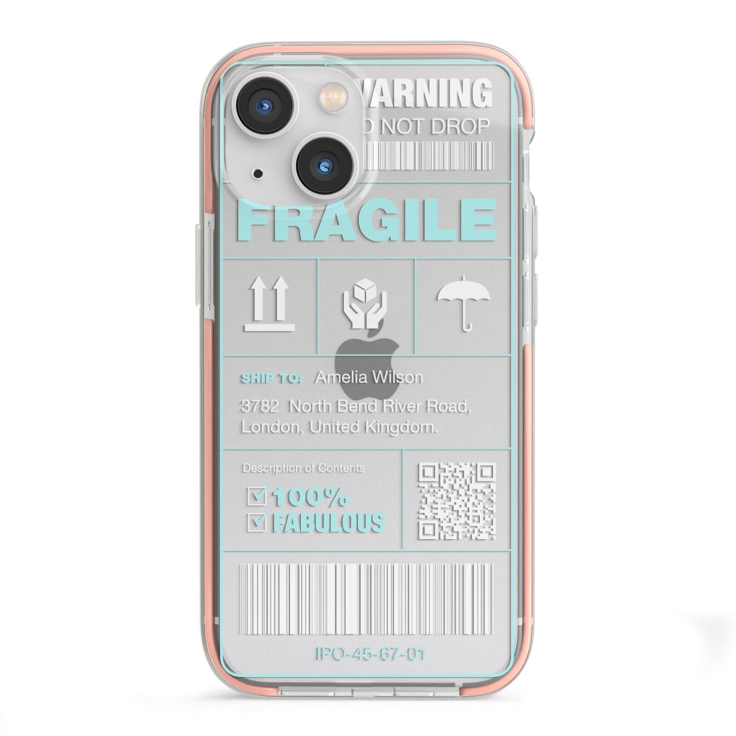 White and Blue Parcel Label with Name iPhone 13 Mini TPU Impact Case with Pink Edges