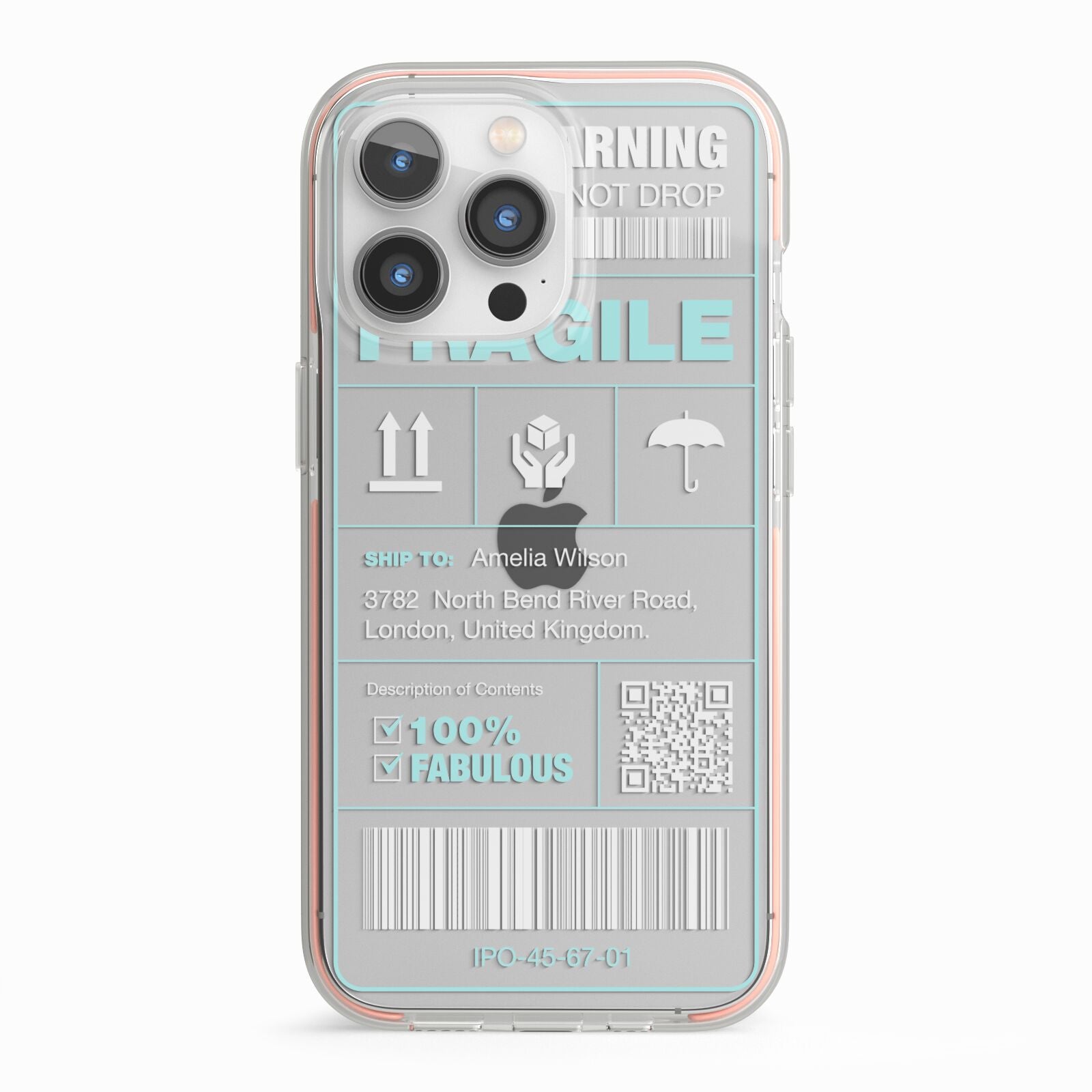 White and Blue Parcel Label with Name iPhone 13 Pro TPU Impact Case with Pink Edges