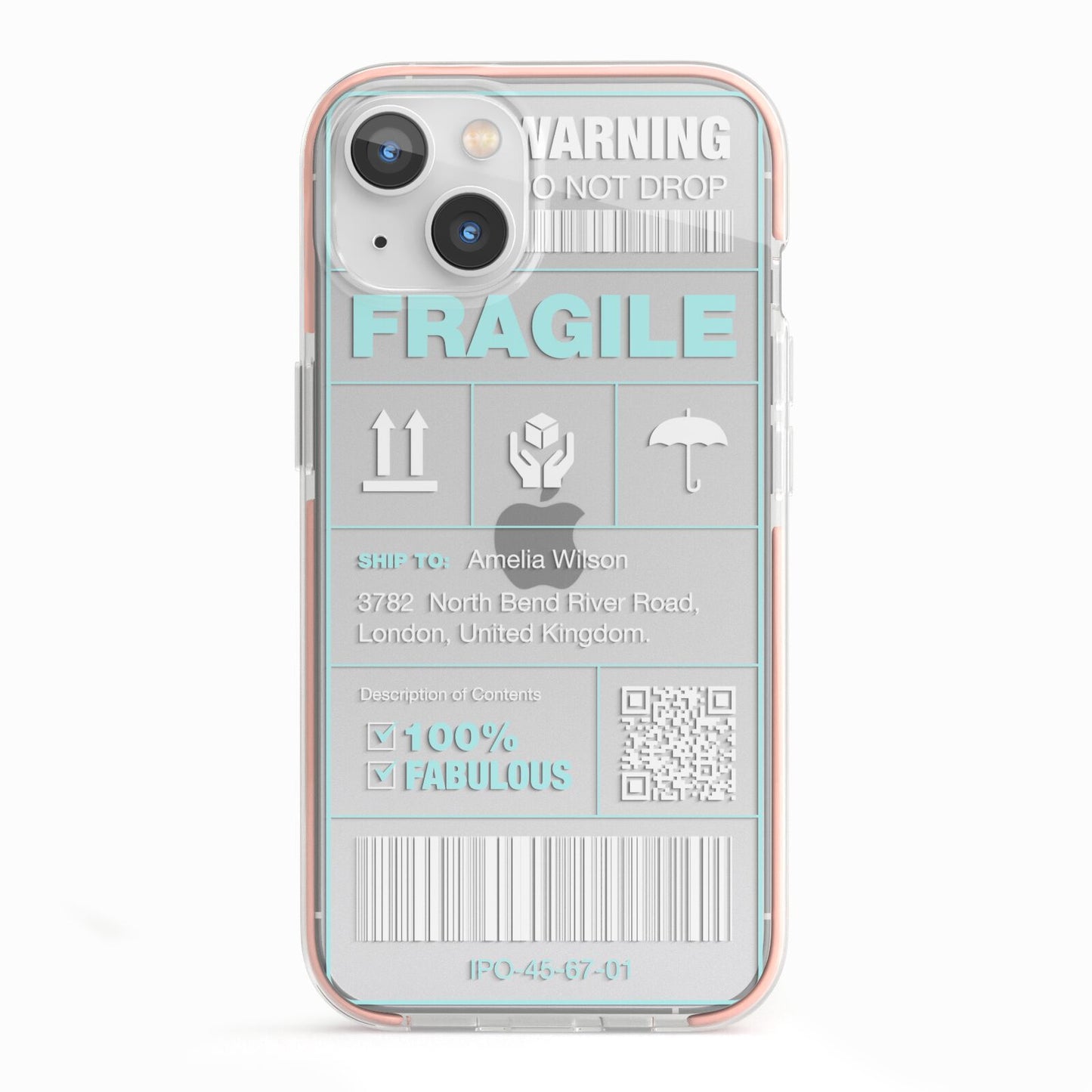 White and Blue Parcel Label with Name iPhone 13 TPU Impact Case with Pink Edges