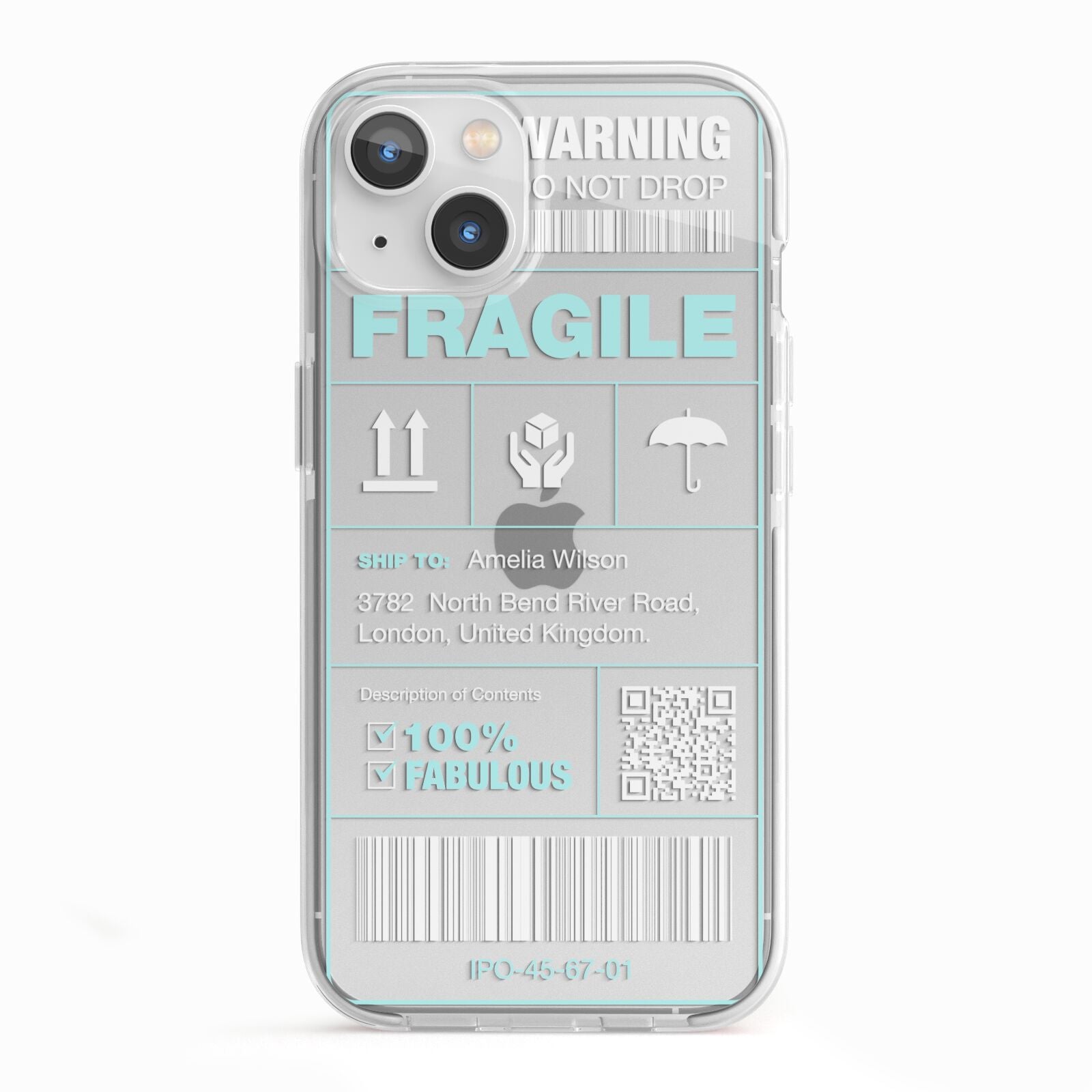 White and Blue Parcel Label with Name iPhone 13 TPU Impact Case with White Edges