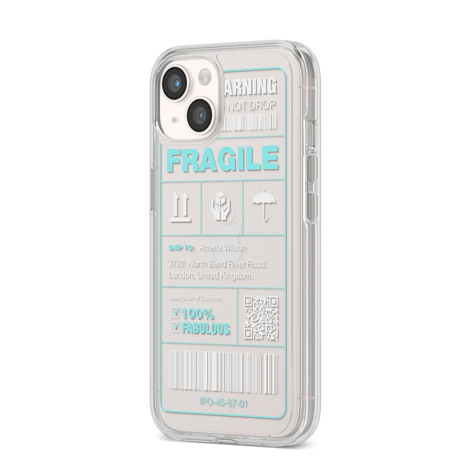 White and Blue Parcel Label with Name iPhone 14 Clear Tough Case Starlight Angled Image