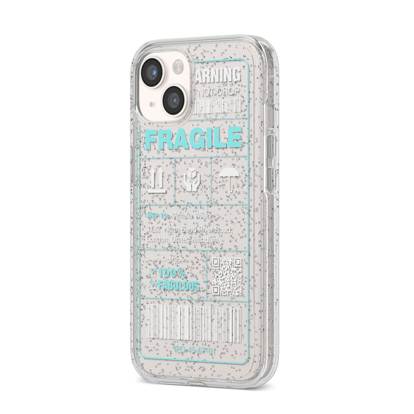 White and Blue Parcel Label with Name iPhone 14 Glitter Tough Case Starlight Angled Image