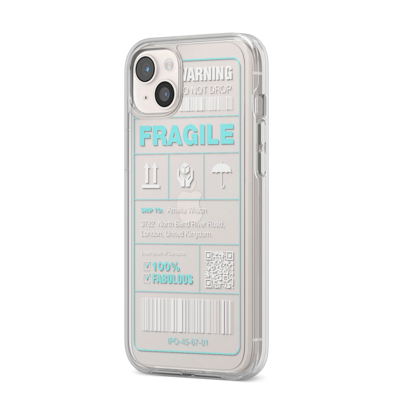 White and Blue Parcel Label with Name iPhone 14 Plus Clear Tough Case Starlight Angled Image