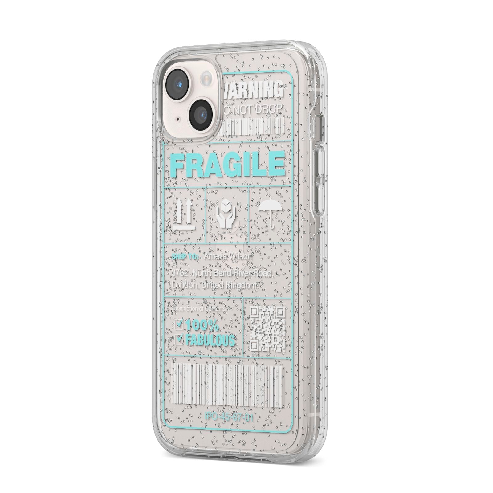 White and Blue Parcel Label with Name iPhone 14 Plus Glitter Tough Case Starlight Angled Image