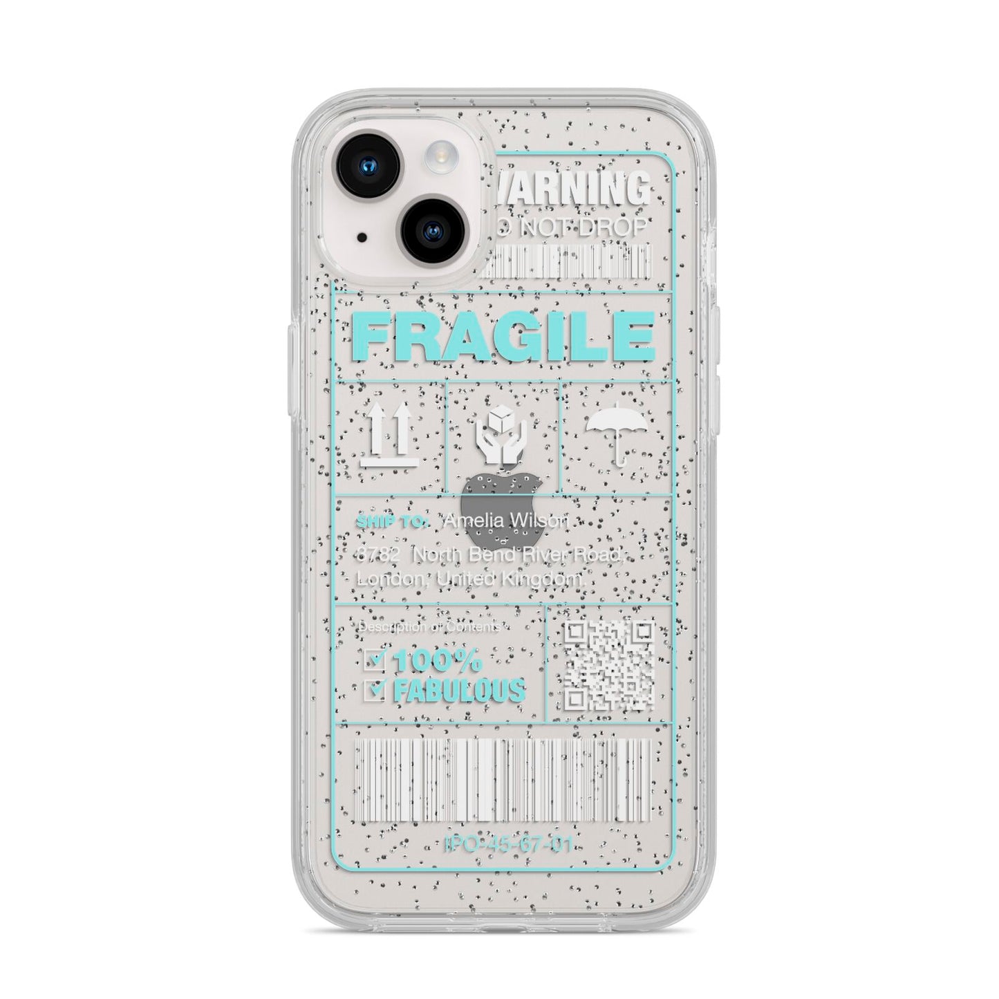 White and Blue Parcel Label with Name iPhone 14 Plus Glitter Tough Case Starlight