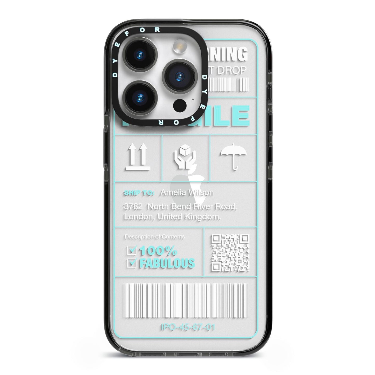 White and Blue Parcel Label with Name iPhone 14 Pro Black Impact Case on Silver phone