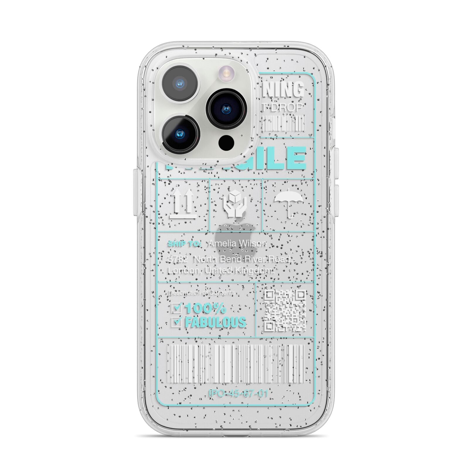 White and Blue Parcel Label with Name iPhone 14 Pro Glitter Tough Case Silver