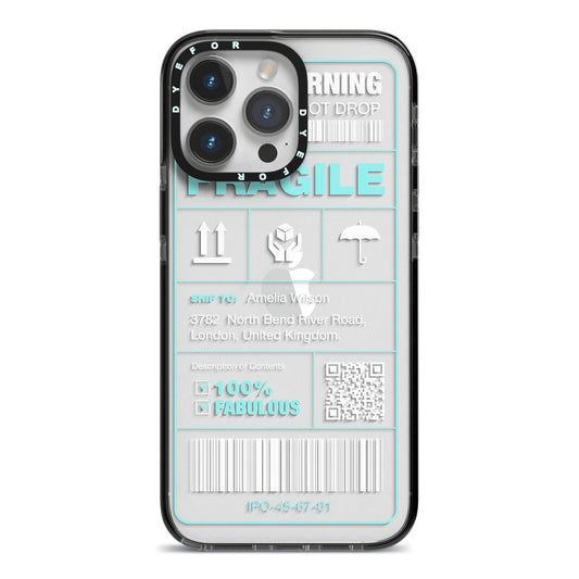 White and Blue Parcel Label with Name iPhone 14 Pro Max Black Impact Case on Silver phone