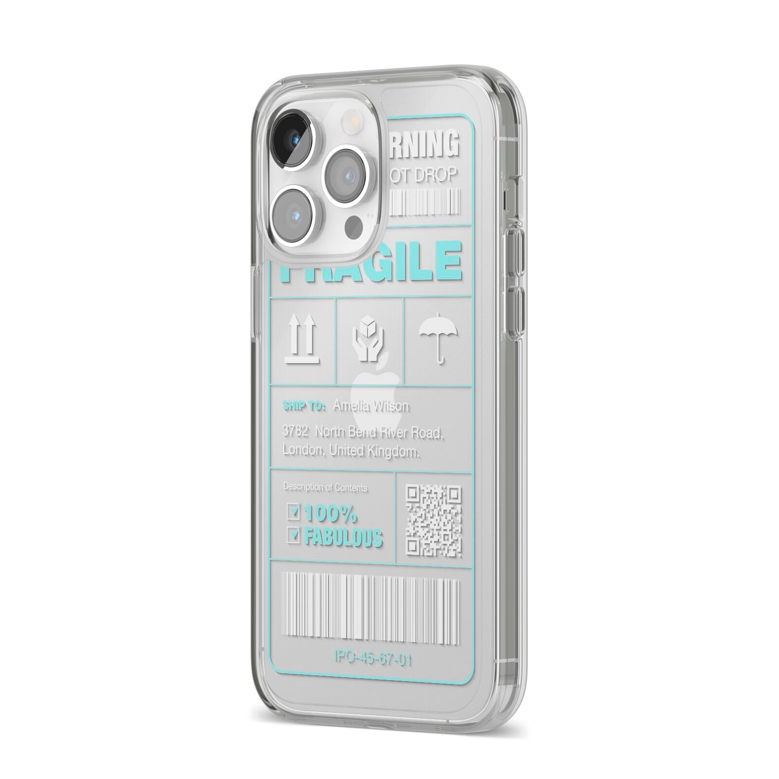 White and Blue Parcel Label with Name iPhone 14 Pro Max Clear Tough Case Silver Angled Image