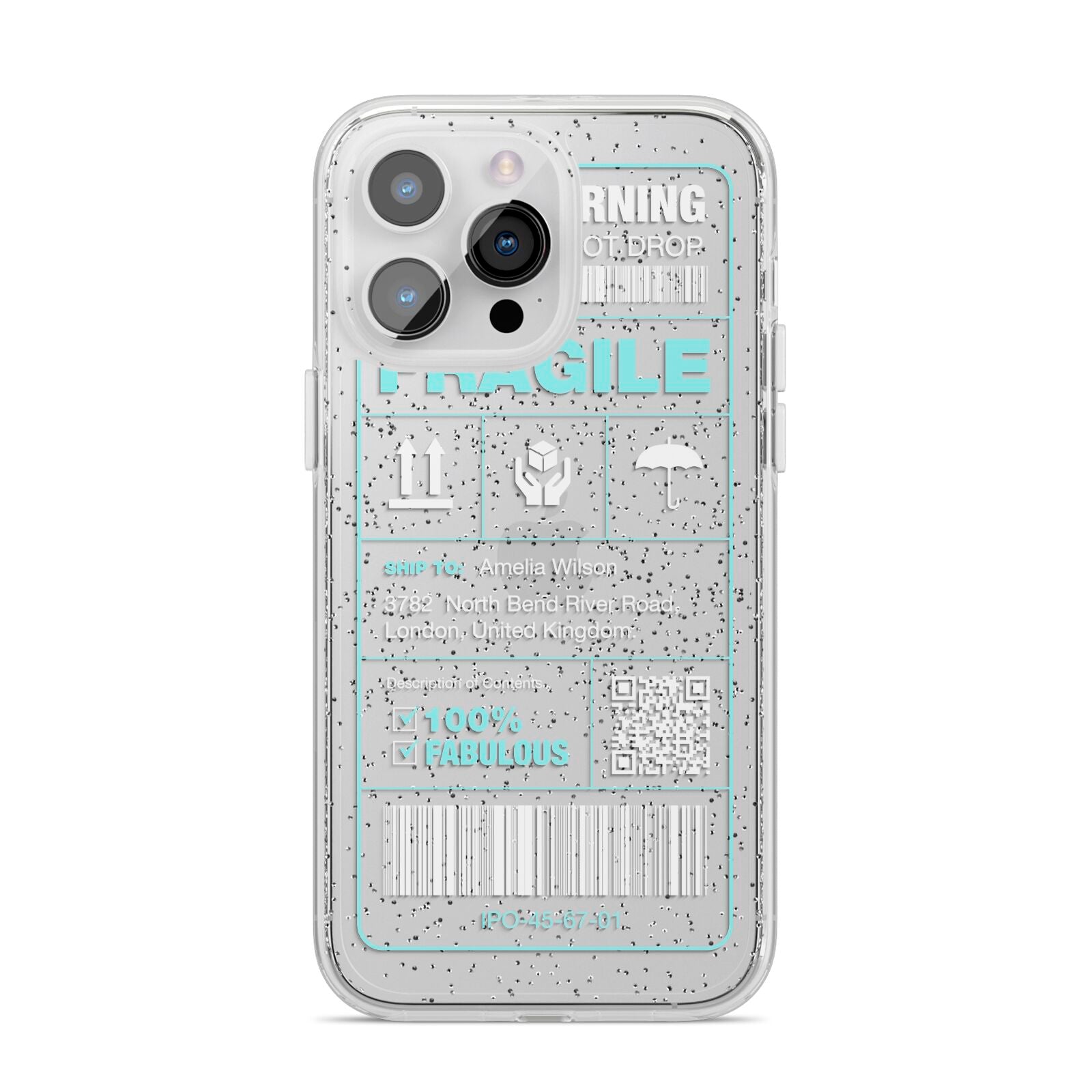 White and Blue Parcel Label with Name iPhone 14 Pro Max Glitter Tough Case Silver