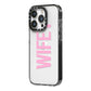 Wifey Pink iPhone 14 Pro Black Impact Case Side Angle on Silver phone