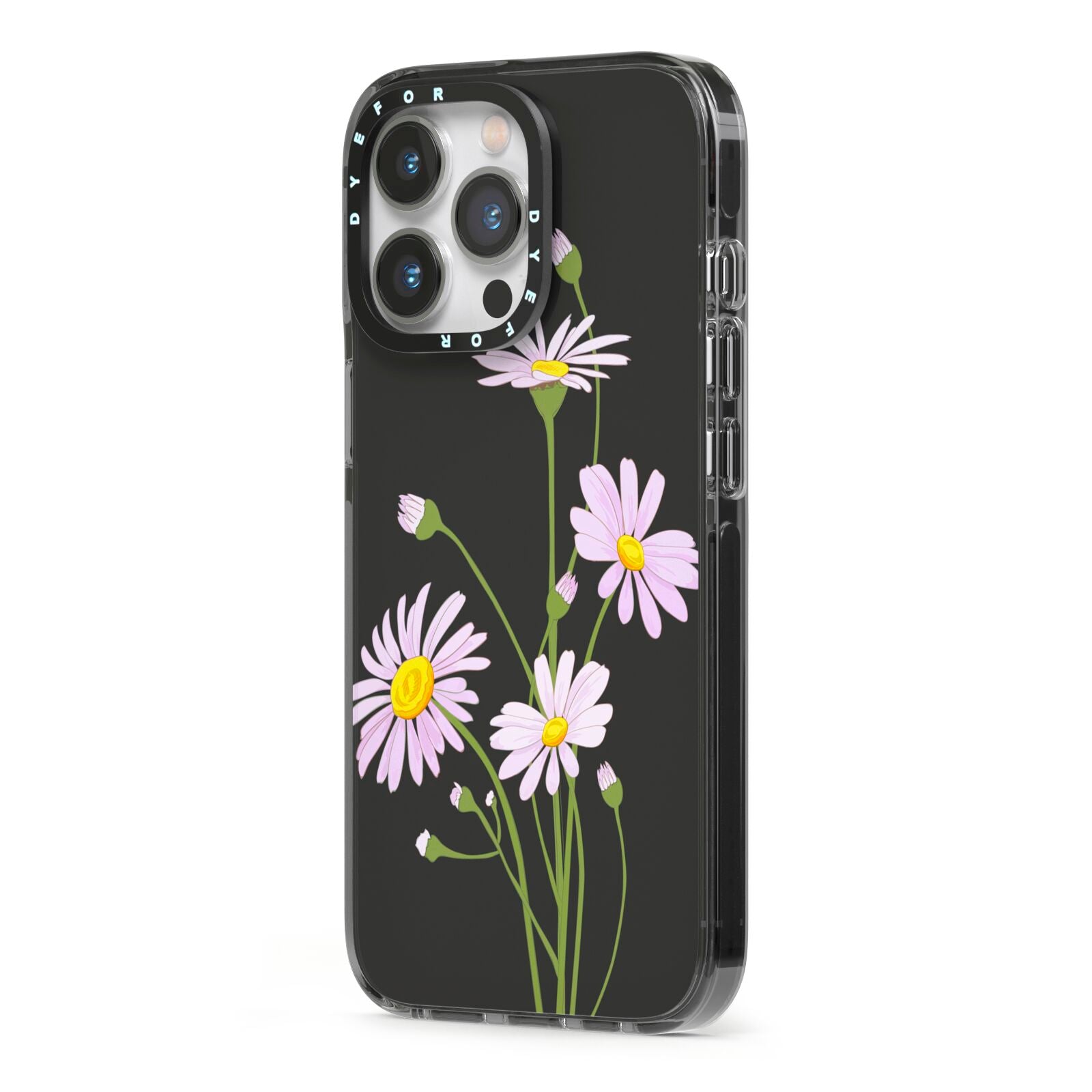 Wild Daisies iPhone 13 Pro Black Impact Case Side Angle on Silver phone