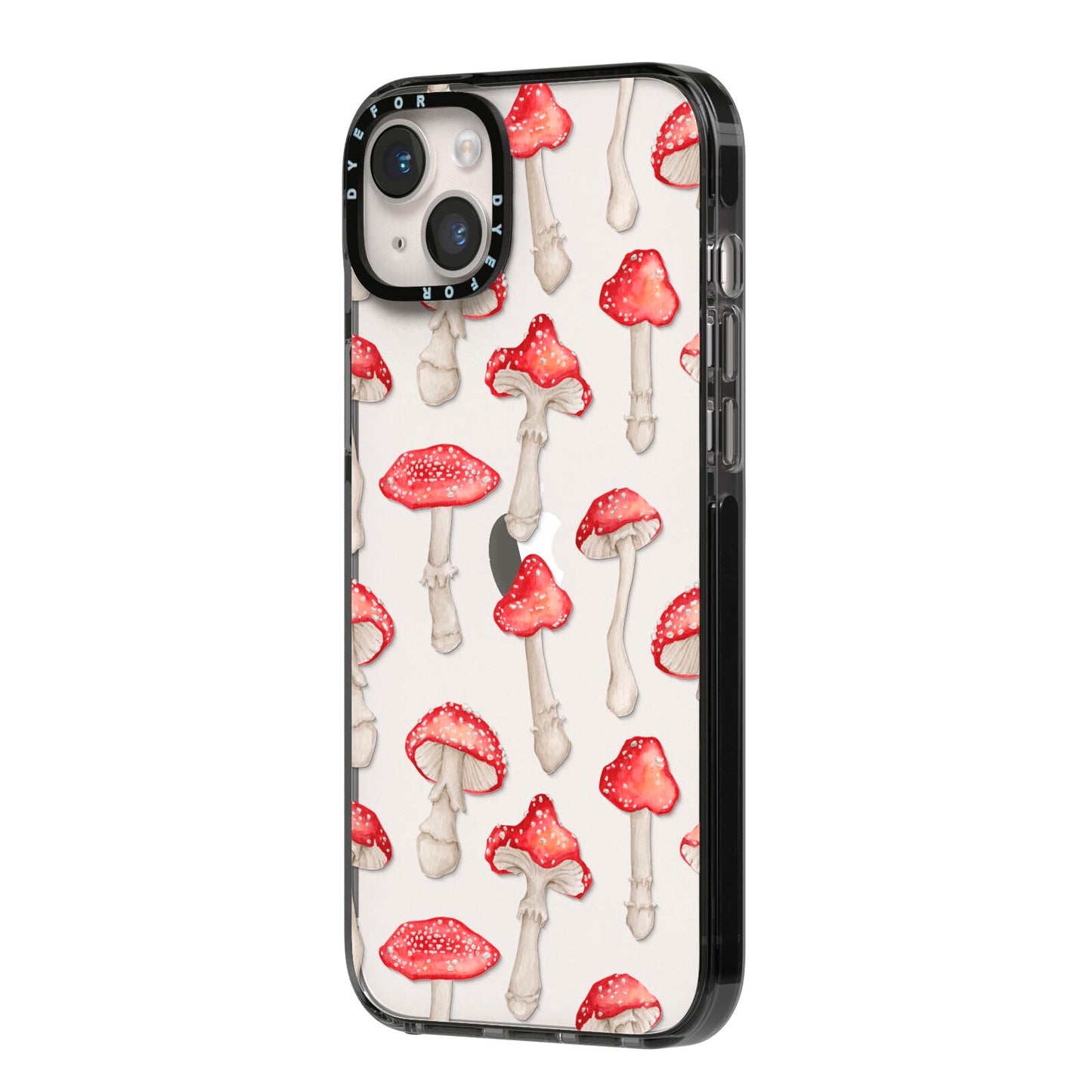 Wild Mushrooms iPhone 14 Plus Black Impact Case Side Angle on Silver phone