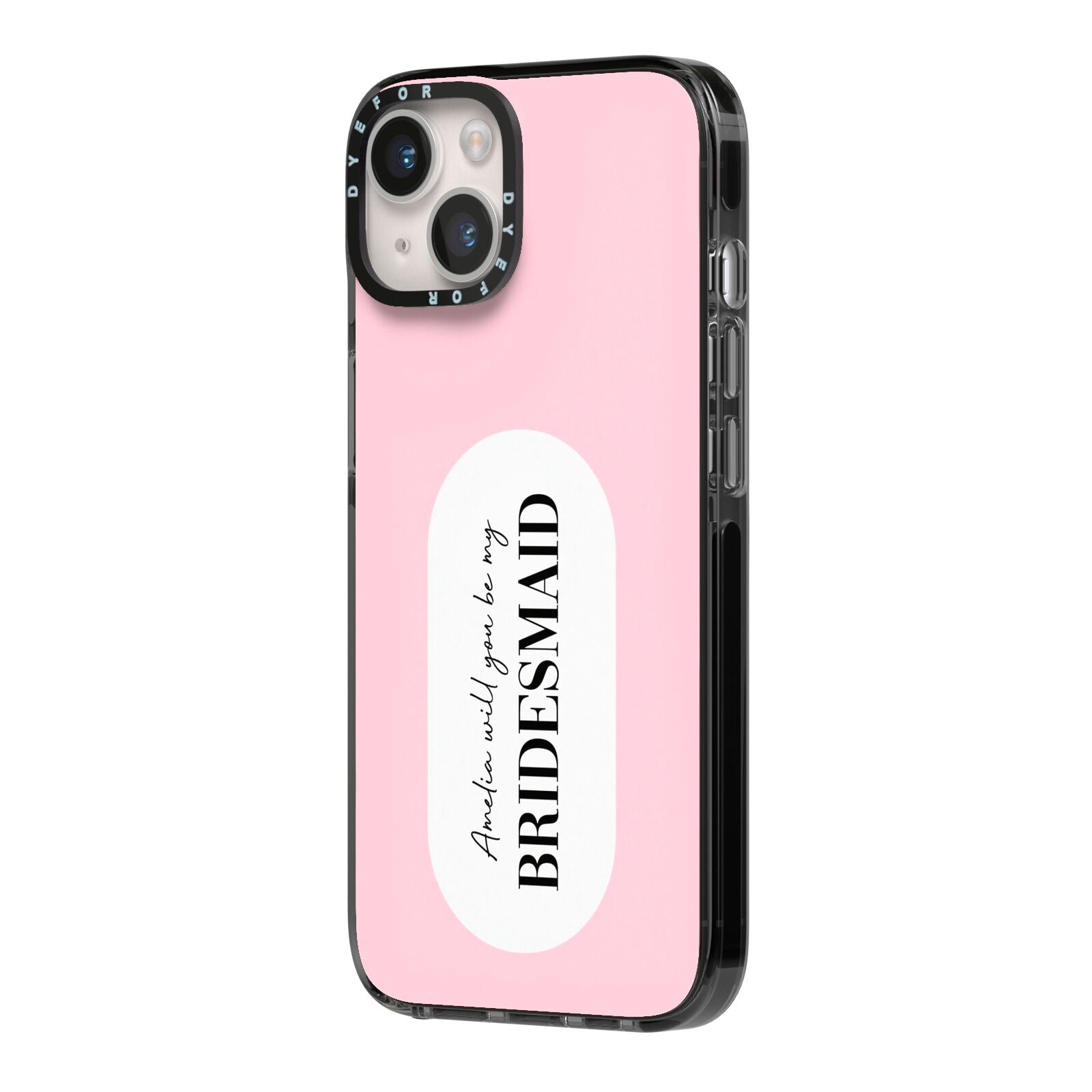 Will You Be My Bridesmaid iPhone 14 Black Impact Case Side Angle on Silver phone