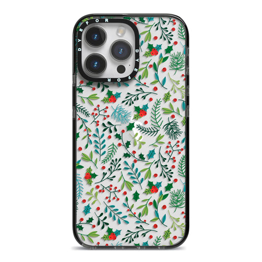 Winter Floral iPhone 14 Pro Max Black Impact Case on Silver phone