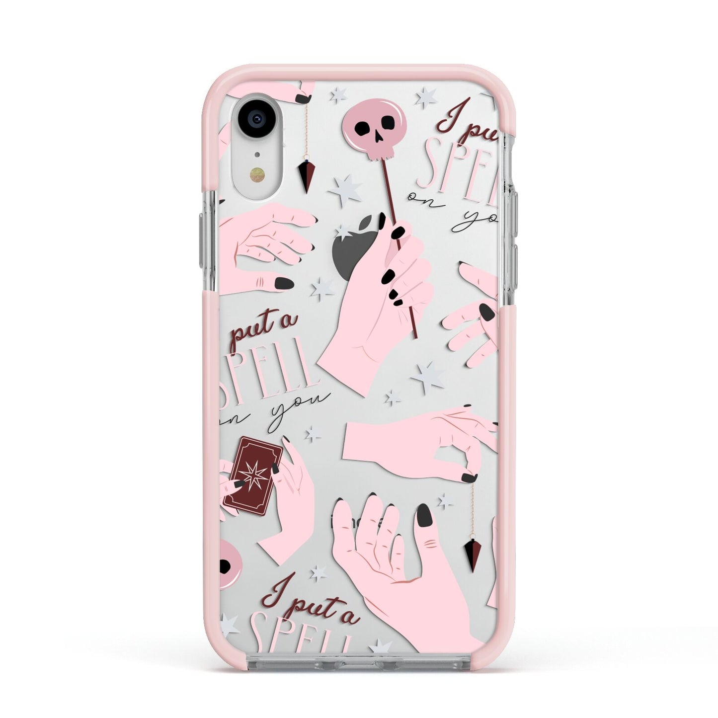 Witches Hands and Tarot Cards Apple iPhone XR Impact Case Pink Edge on Silver Phone