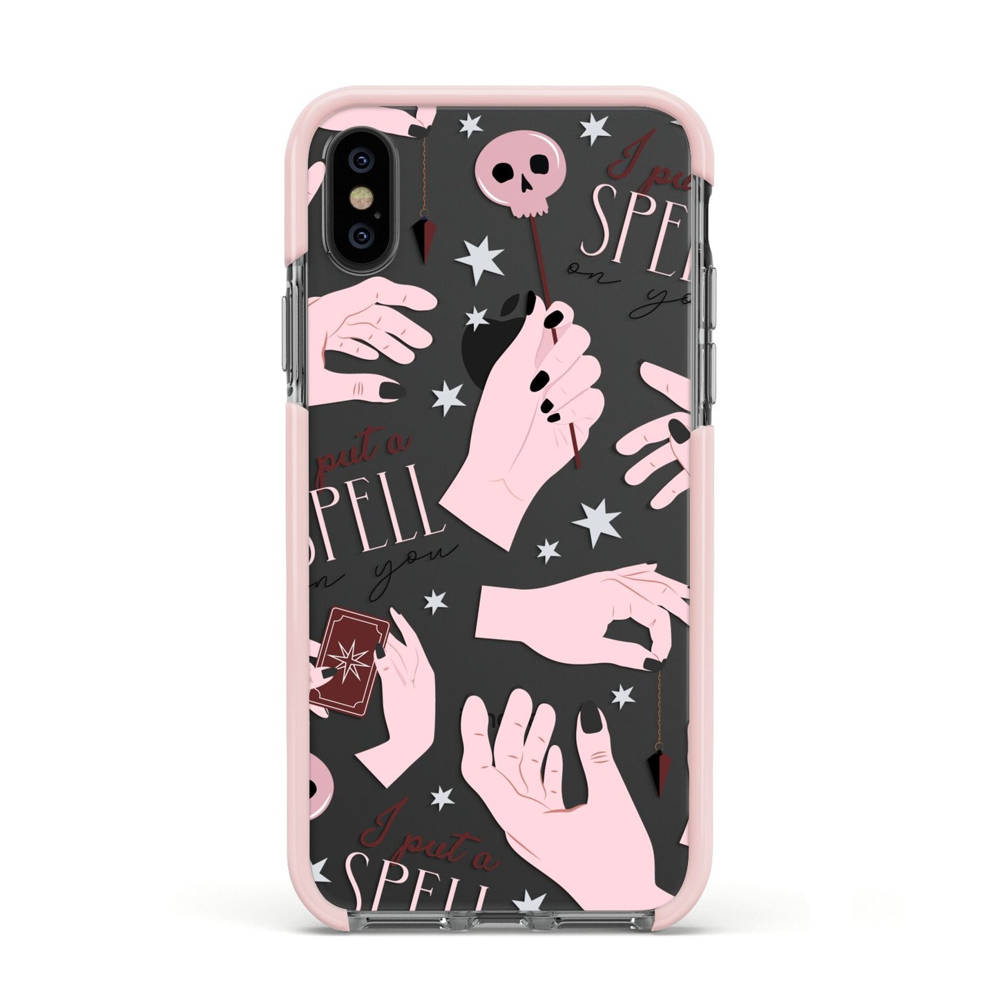 Witches Hands and Tarot Cards Apple iPhone Xs Impact Case Pink Edge on Black Phone