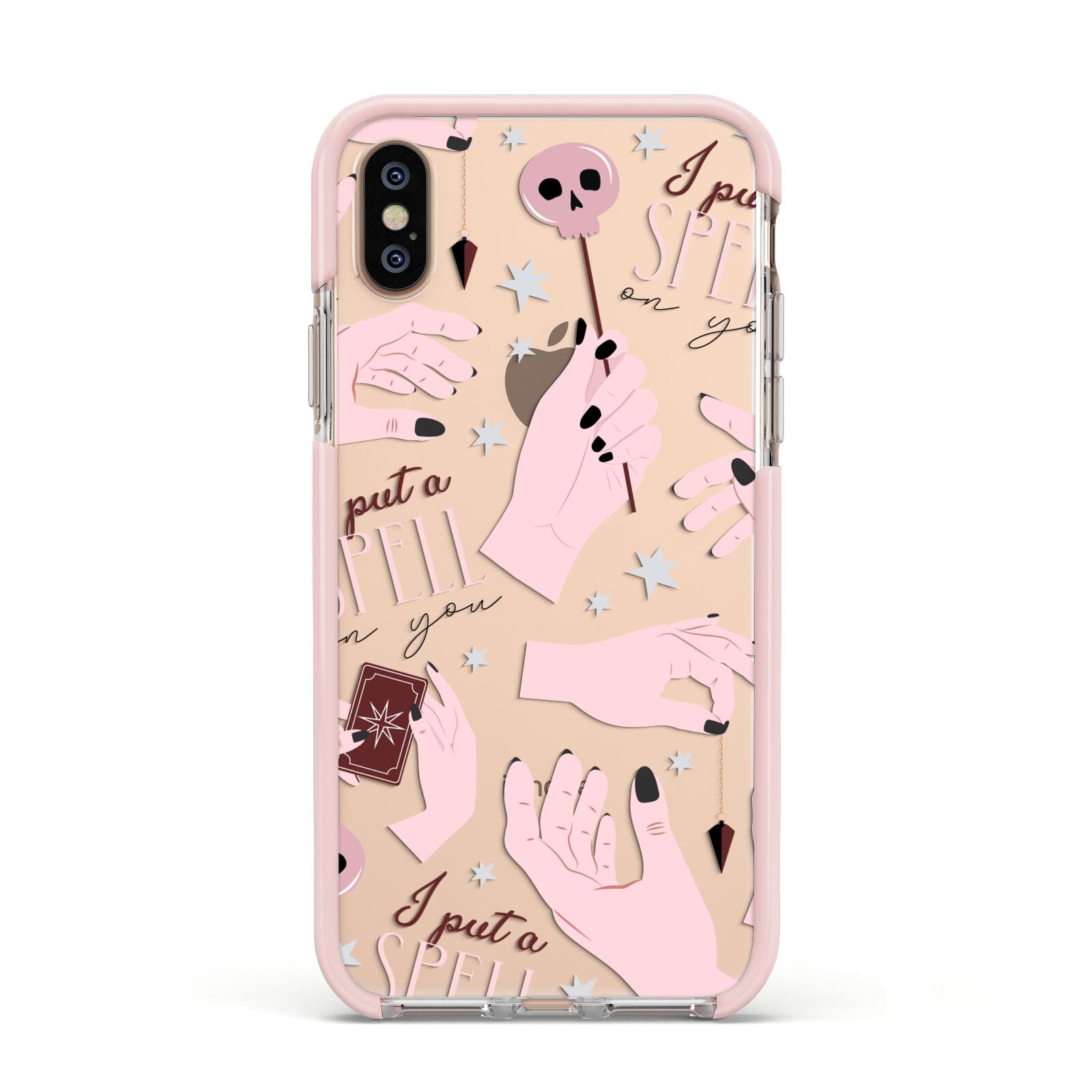 Witches Hands and Tarot Cards Apple iPhone Xs Impact Case Pink Edge on Gold Phone