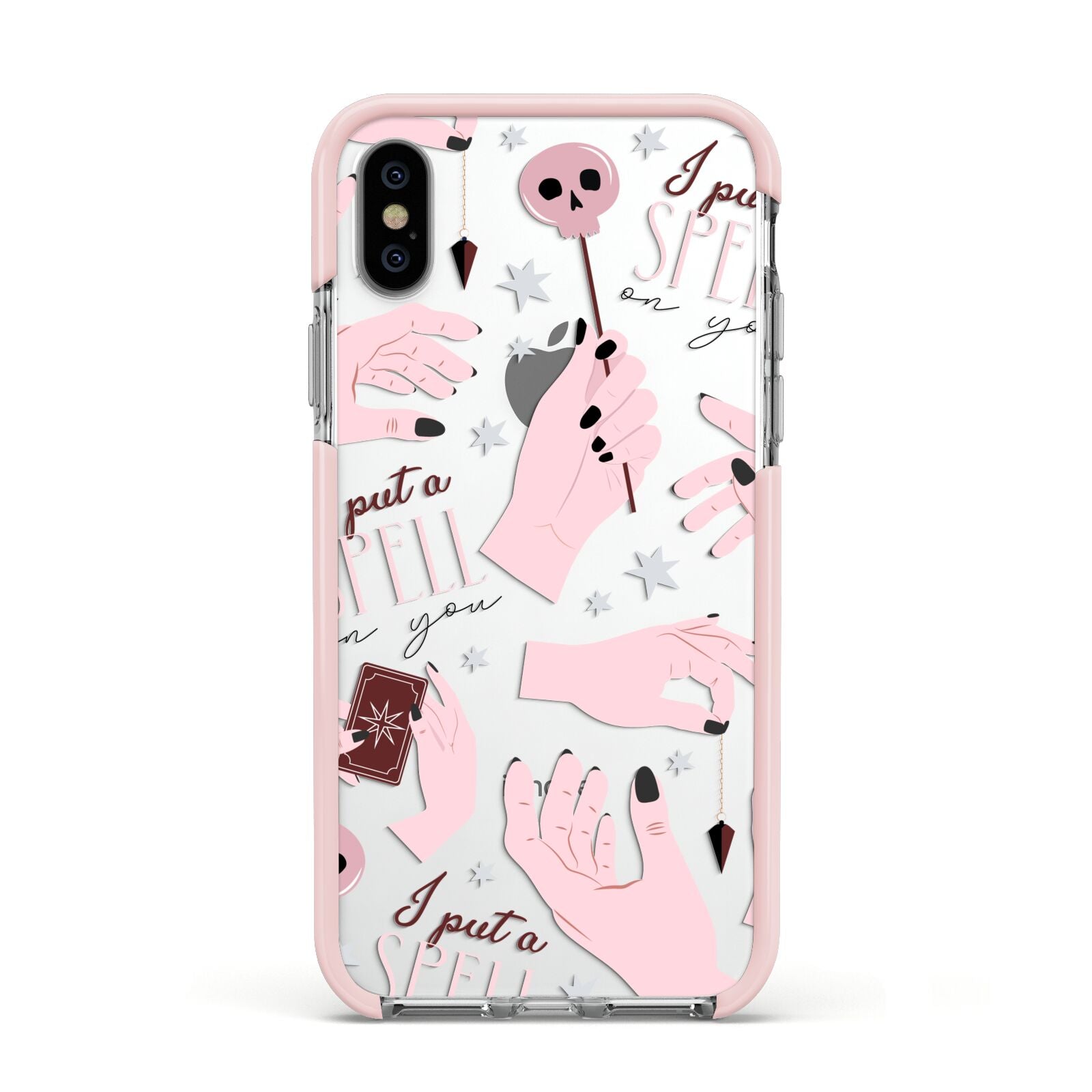 Witches Hands and Tarot Cards Apple iPhone Xs Impact Case Pink Edge on Silver Phone