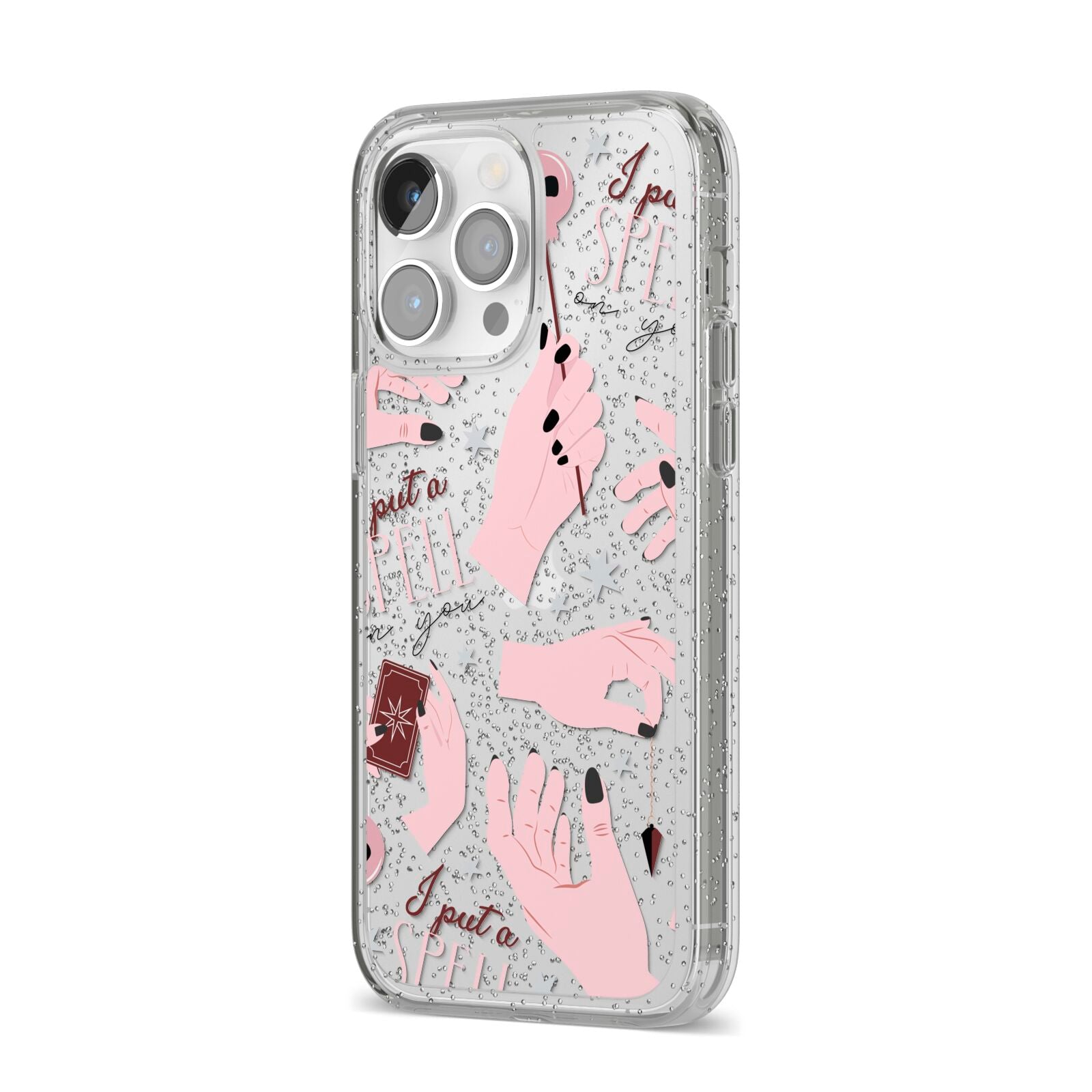 Witches Hands and Tarot Cards iPhone 14 Pro Max Glitter Tough Case Silver Angled Image