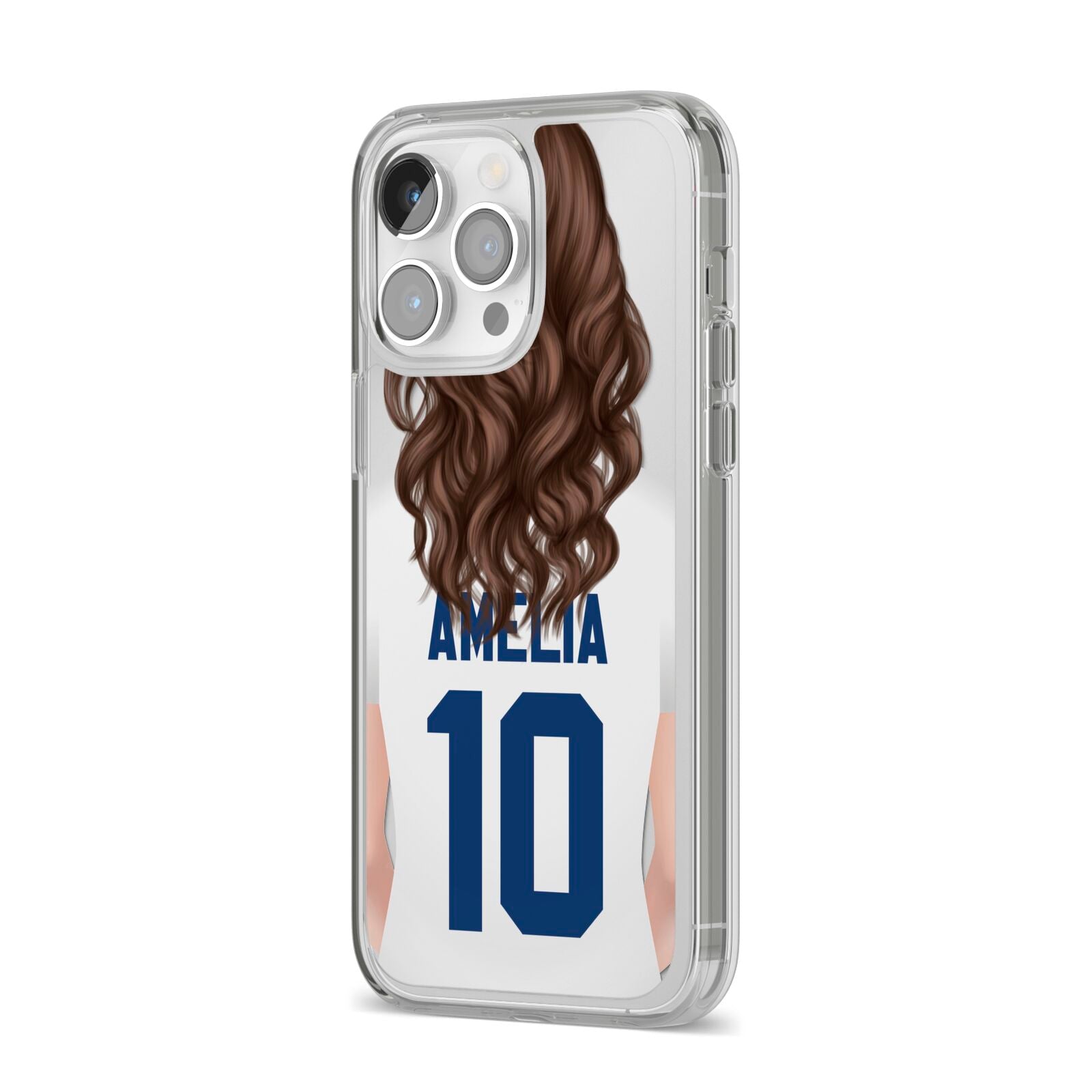 Womens Footballer Personalised iPhone 14 Pro Max Clear Tough Case Silver Angled Image