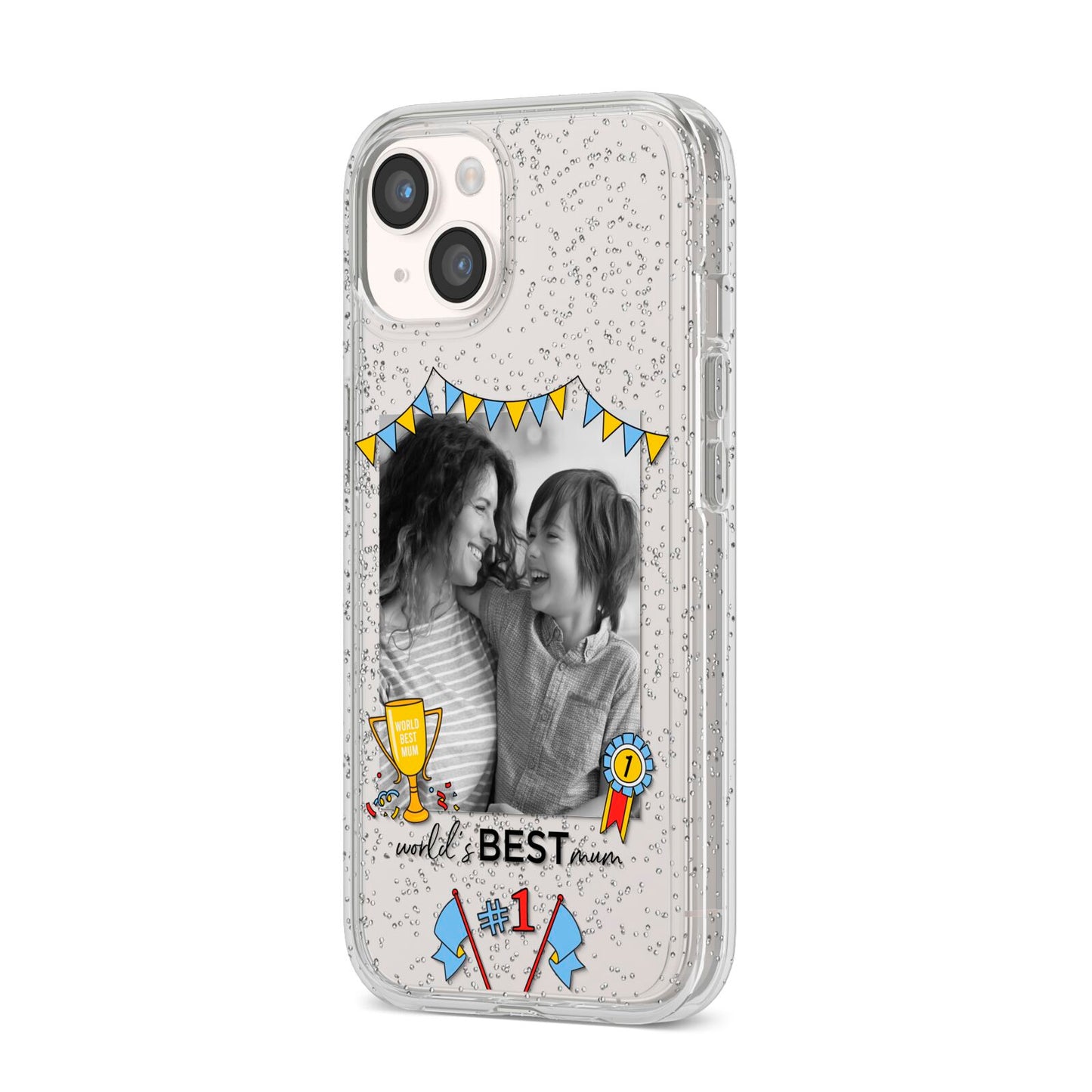 Worlds Best Mum iPhone 14 Glitter Tough Case Starlight Angled Image