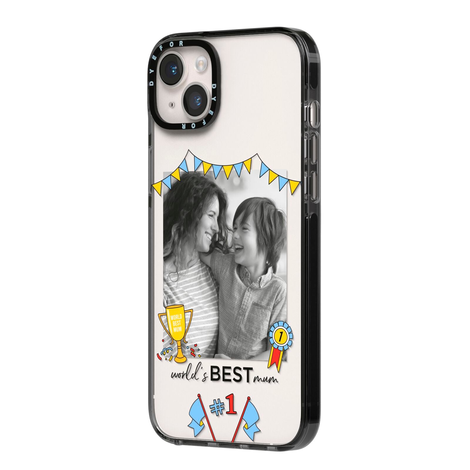Worlds Best Mum iPhone 14 Plus Black Impact Case Side Angle on Silver phone
