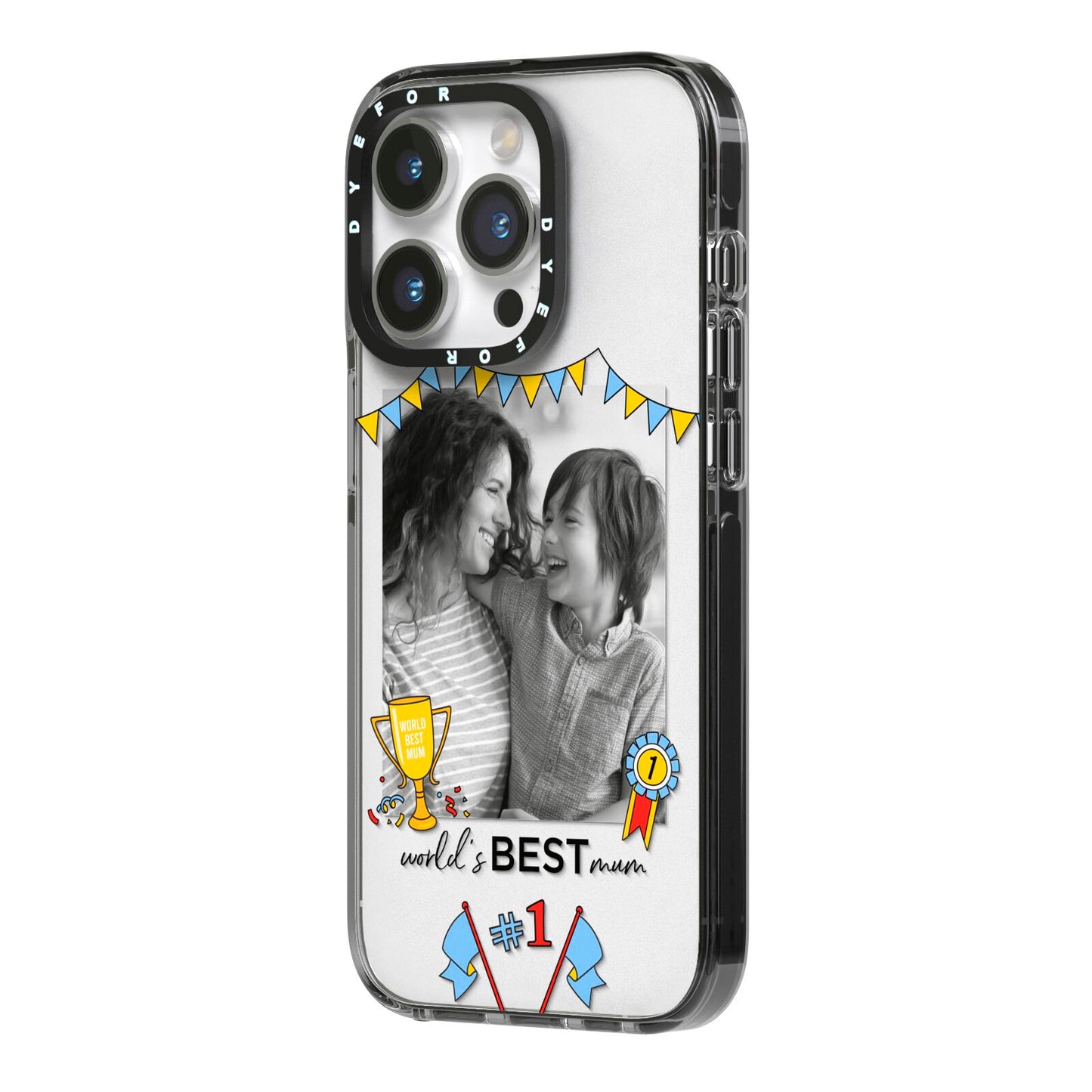 Worlds Best Mum iPhone 14 Pro Black Impact Case Side Angle on Silver phone