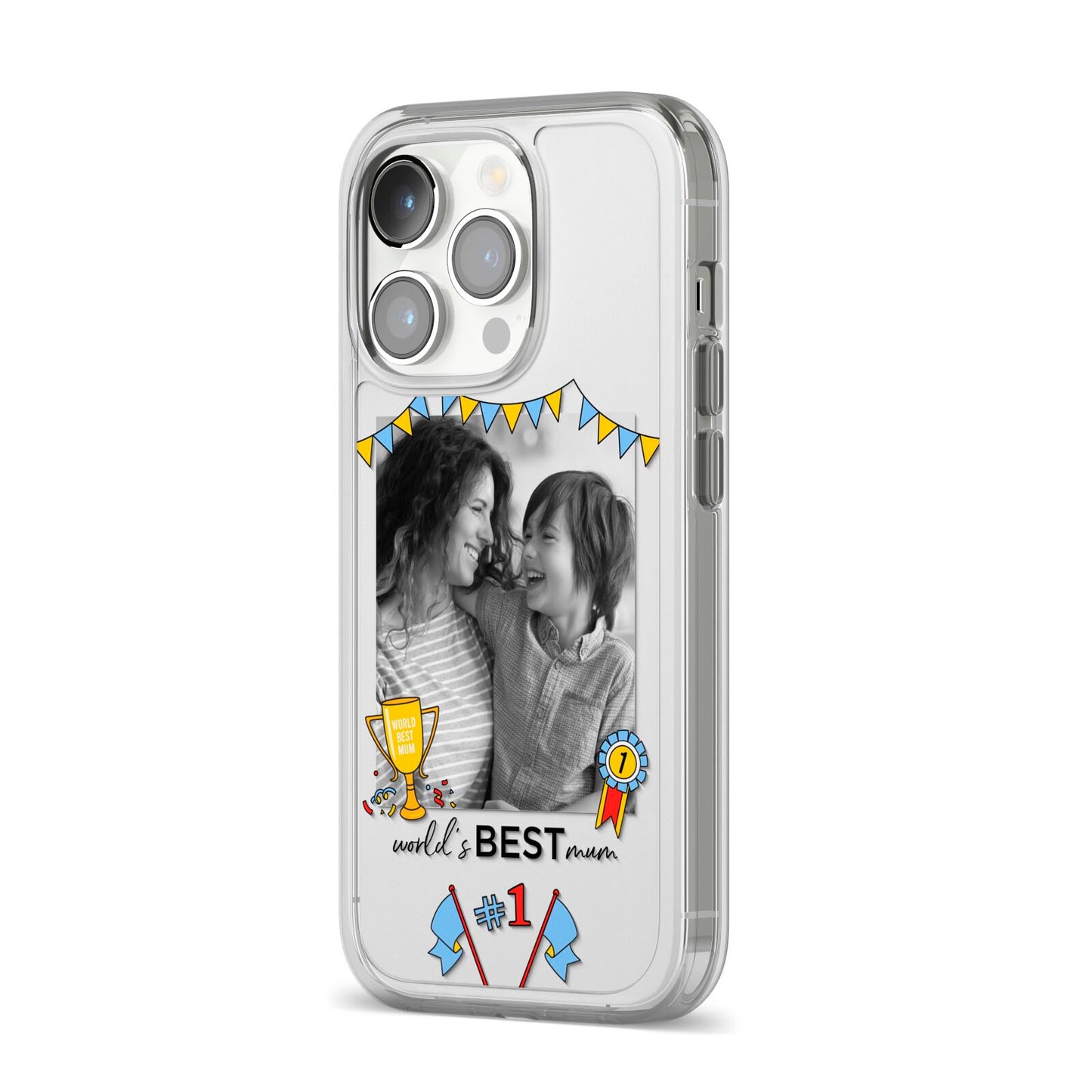 Worlds Best Mum iPhone 14 Pro Clear Tough Case Silver Angled Image