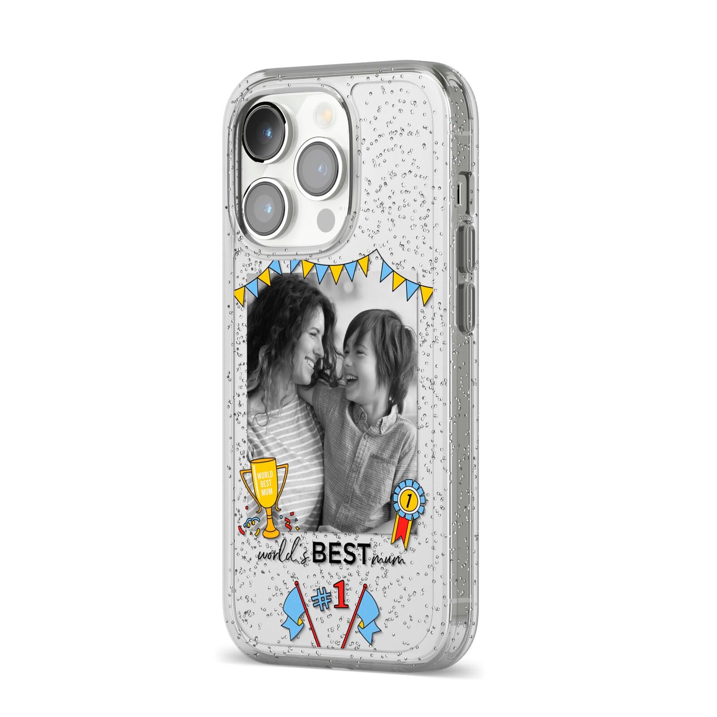 Worlds Best Mum iPhone 14 Pro Glitter Tough Case Silver Angled Image