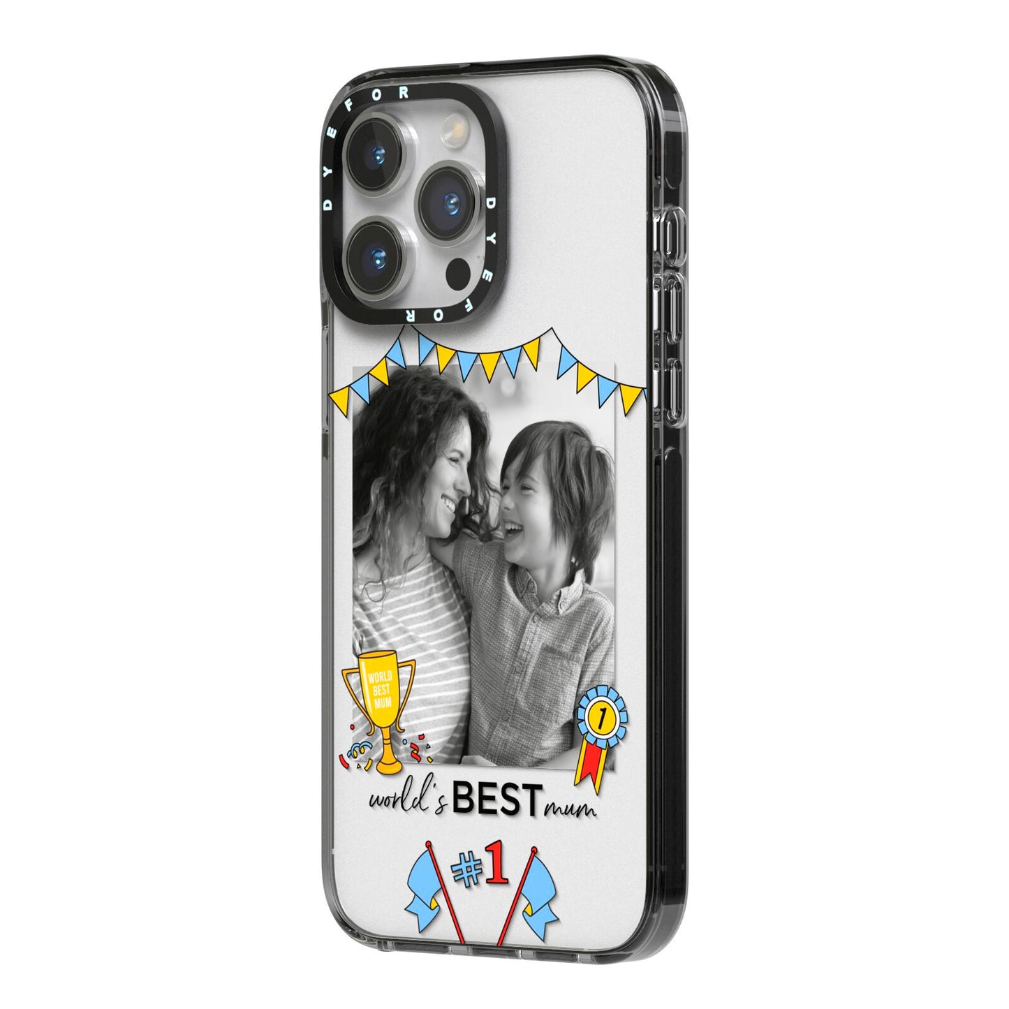 Worlds Best Mum iPhone 14 Pro Max Black Impact Case Side Angle on Silver phone