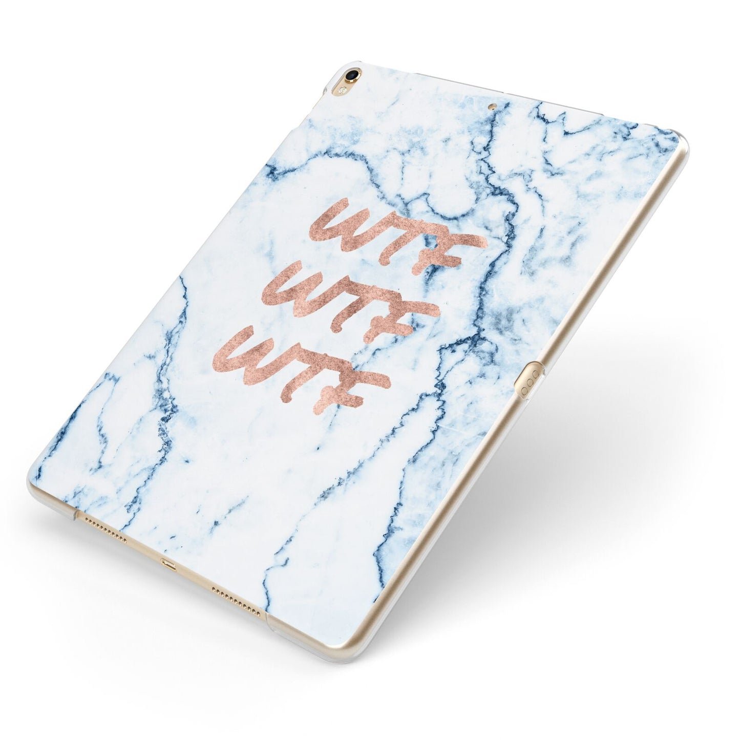 Wtf Rose Gold Blue Marble Effect Apple iPad Case on Gold iPad Side View