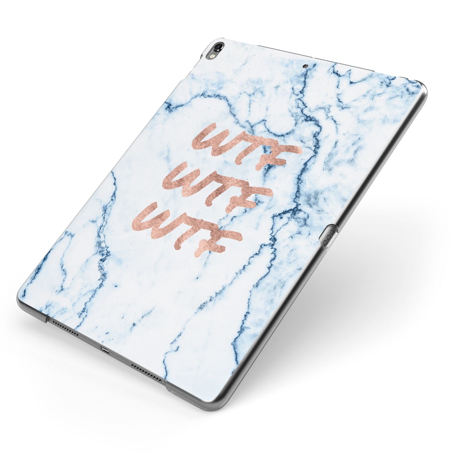 Wtf Rose Gold Blue Marble Effect Apple iPad Case on Grey iPad Side View