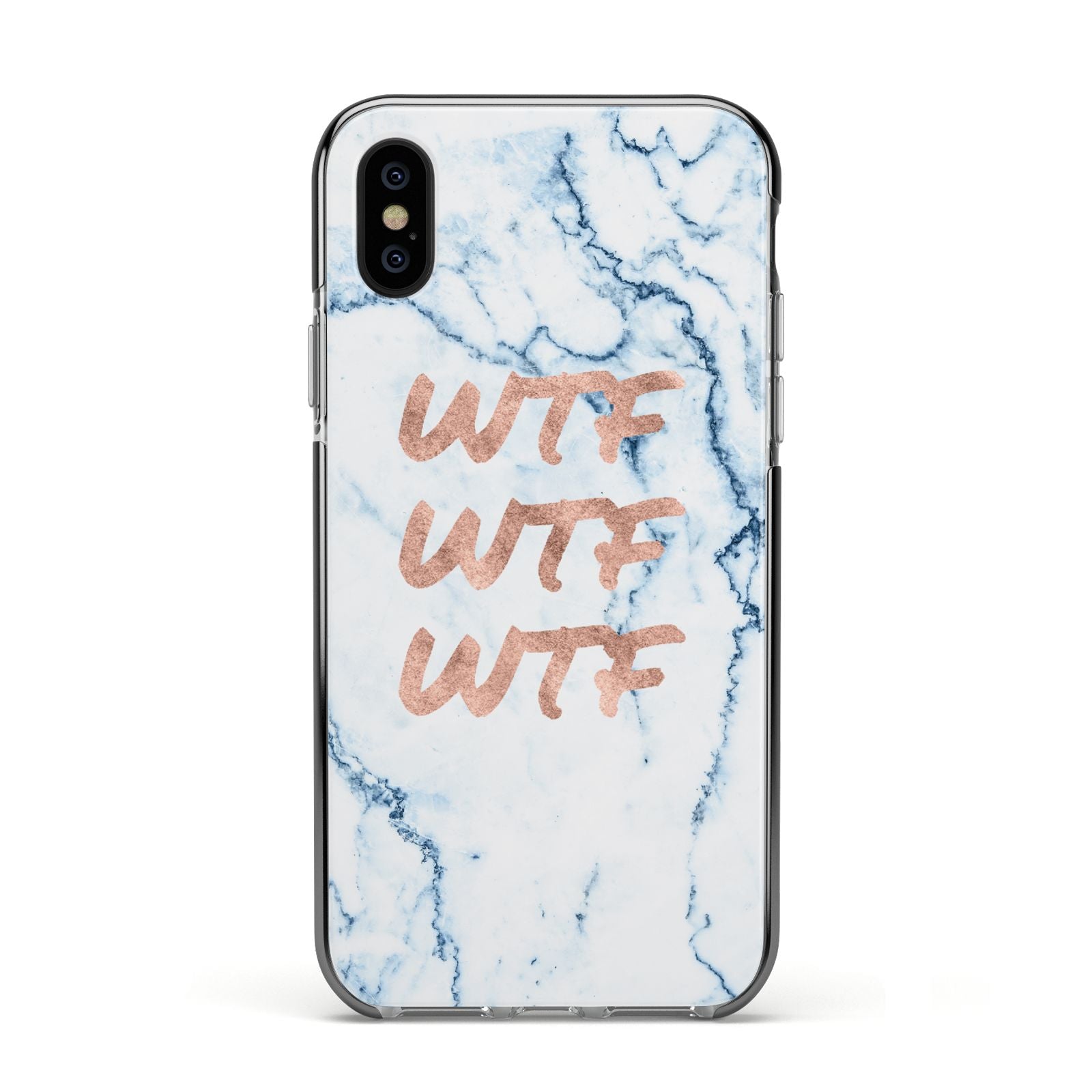 Wtf Rose Gold Blue Marble Effect Apple iPhone Xs Impact Case Black Edge on Black Phone