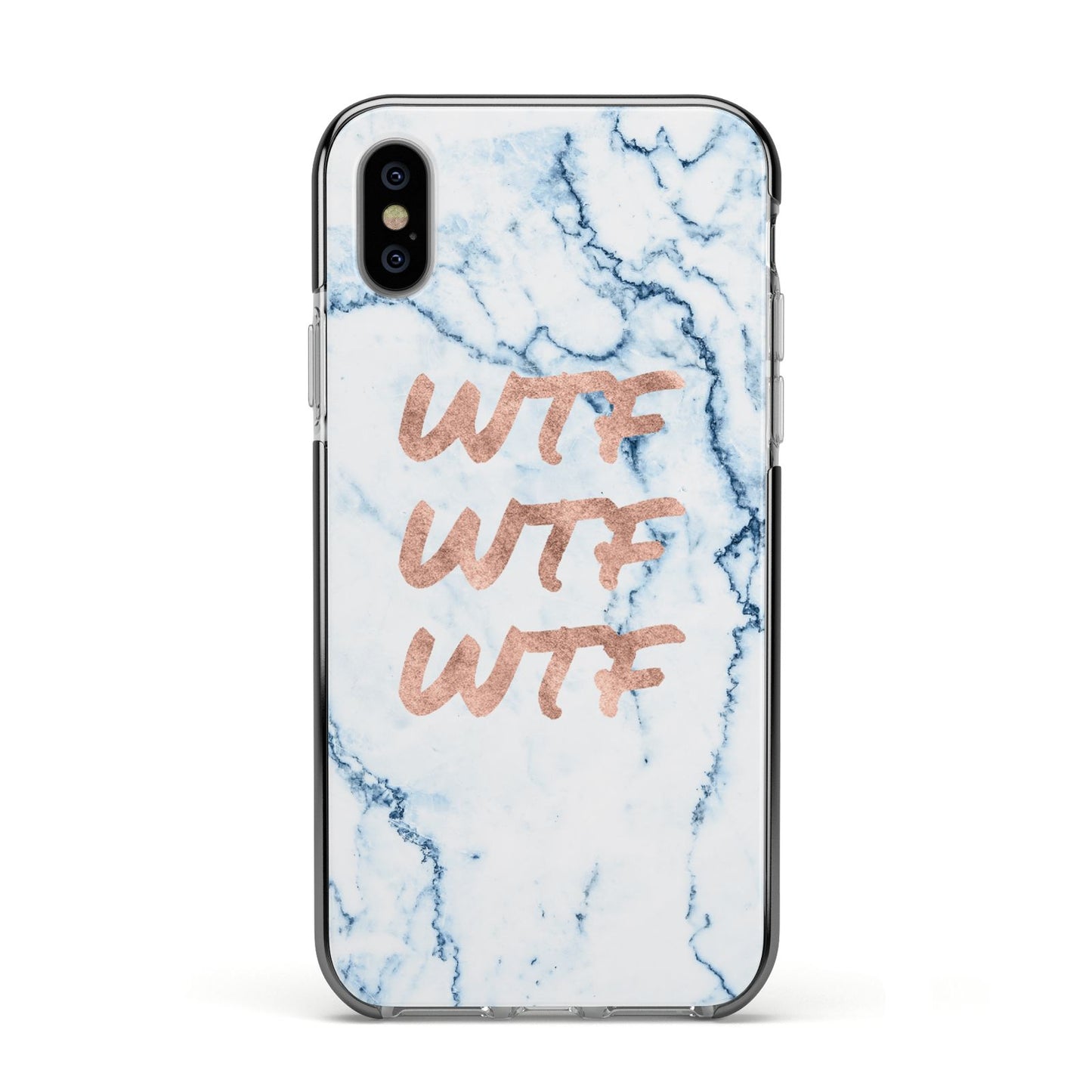 Wtf Rose Gold Blue Marble Effect Apple iPhone Xs Impact Case Black Edge on Silver Phone