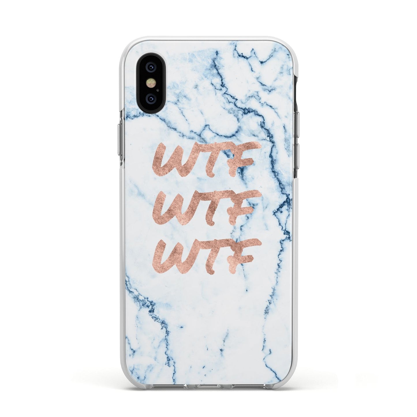 Wtf Rose Gold Blue Marble Effect Apple iPhone Xs Impact Case White Edge on Black Phone