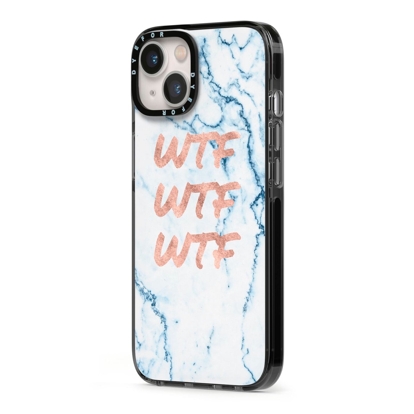 Wtf Rose Gold Blue Marble Effect iPhone 13 Black Impact Case Side Angle on Silver phone