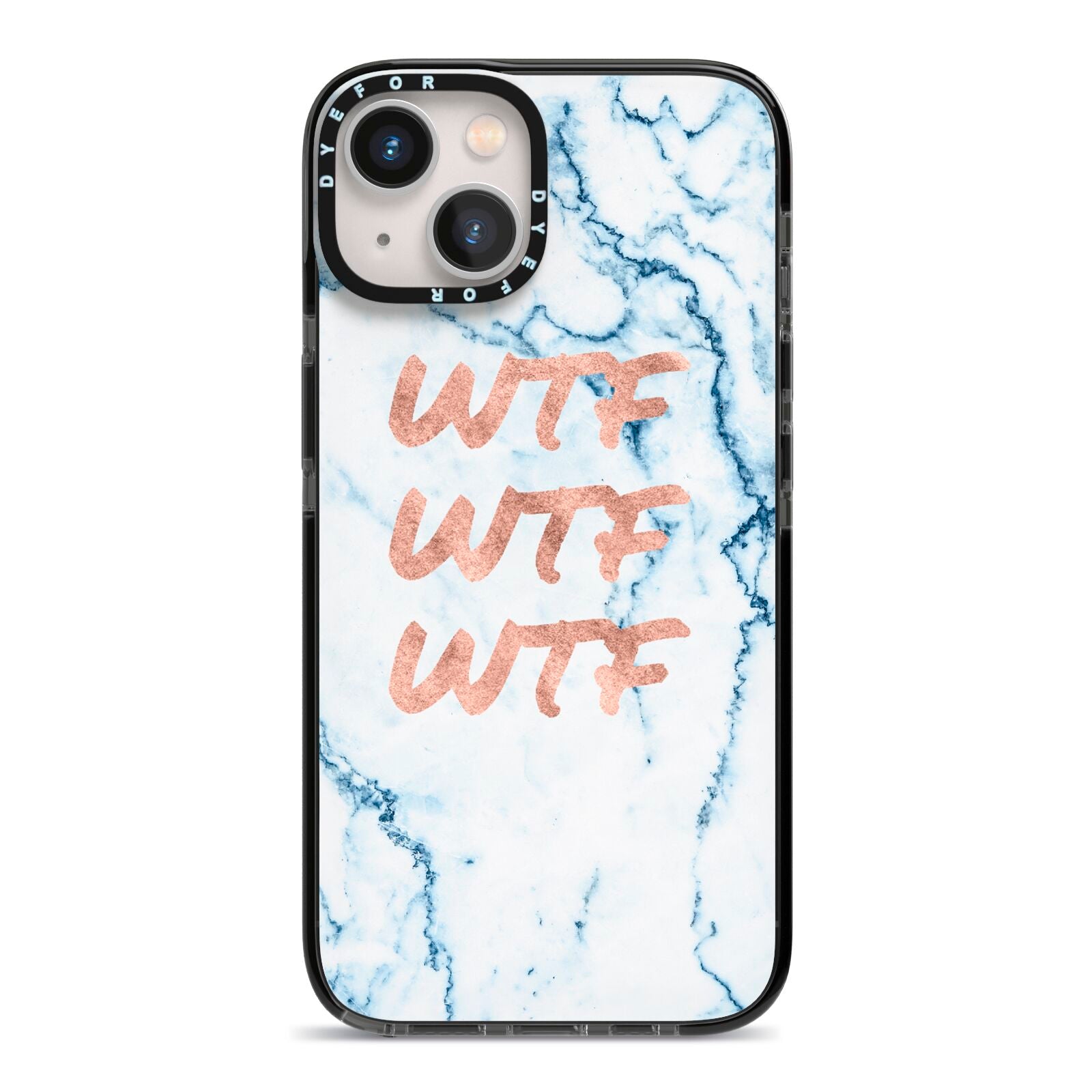 Wtf Rose Gold Blue Marble Effect iPhone 13 Black Impact Case on Silver phone