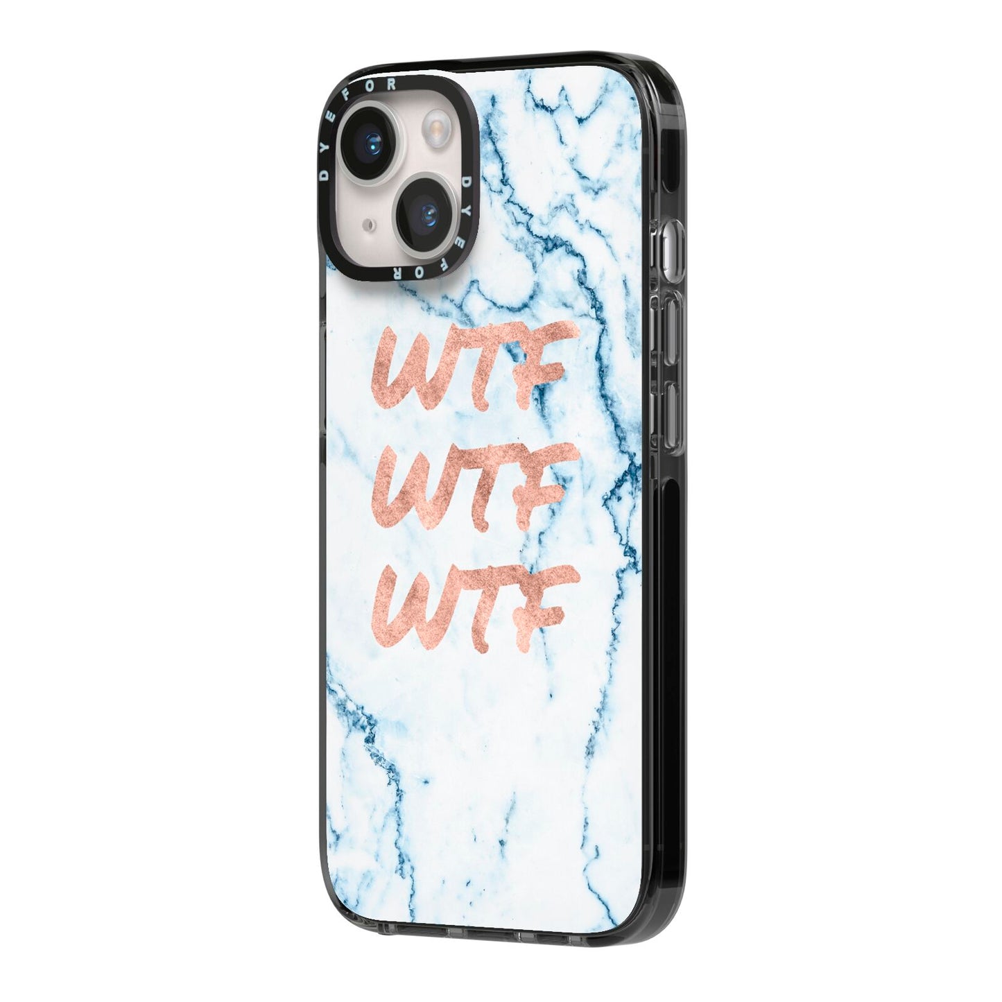 Wtf Rose Gold Blue Marble Effect iPhone 14 Black Impact Case Side Angle on Silver phone