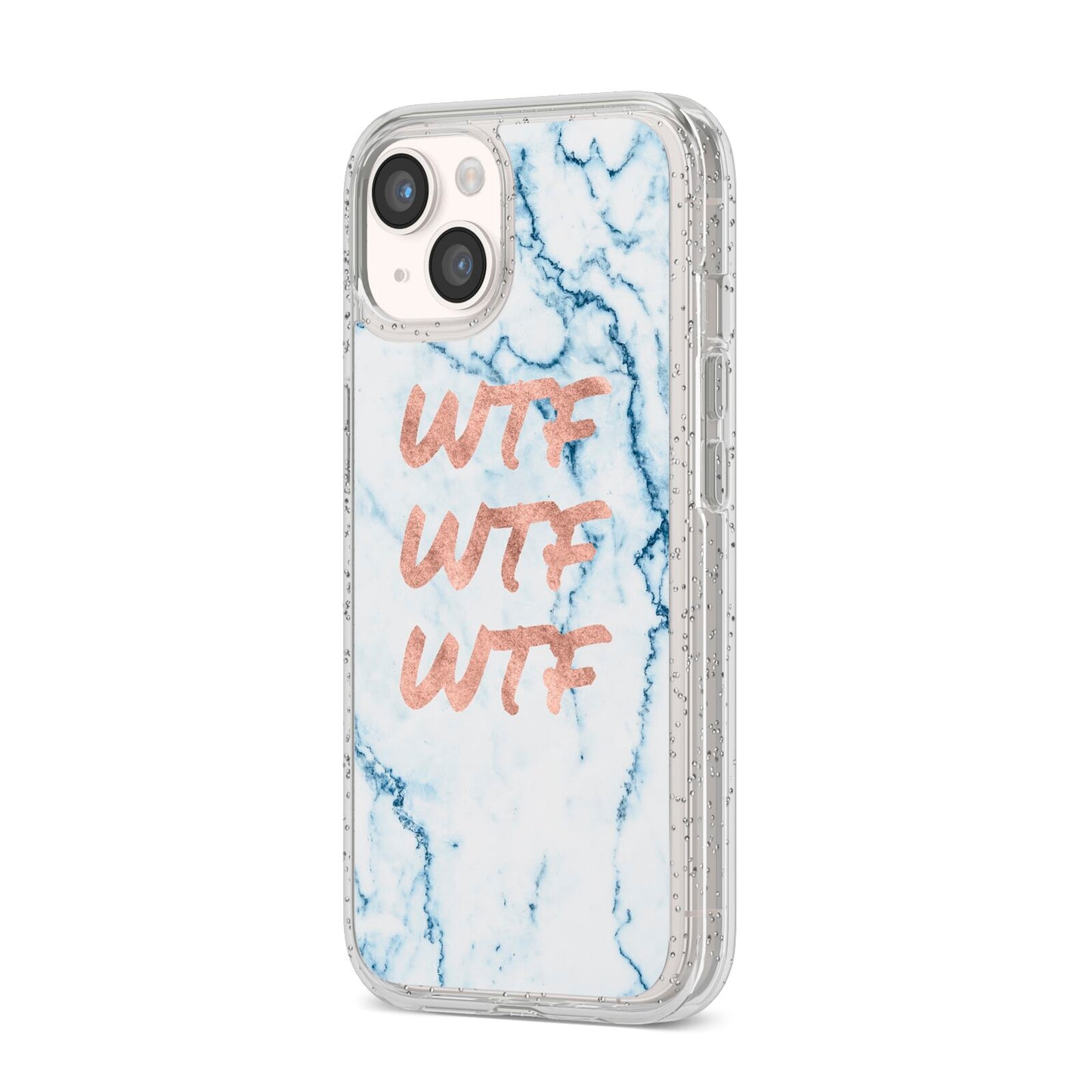 Wtf Rose Gold Blue Marble Effect iPhone 14 Glitter Tough Case Starlight Angled Image