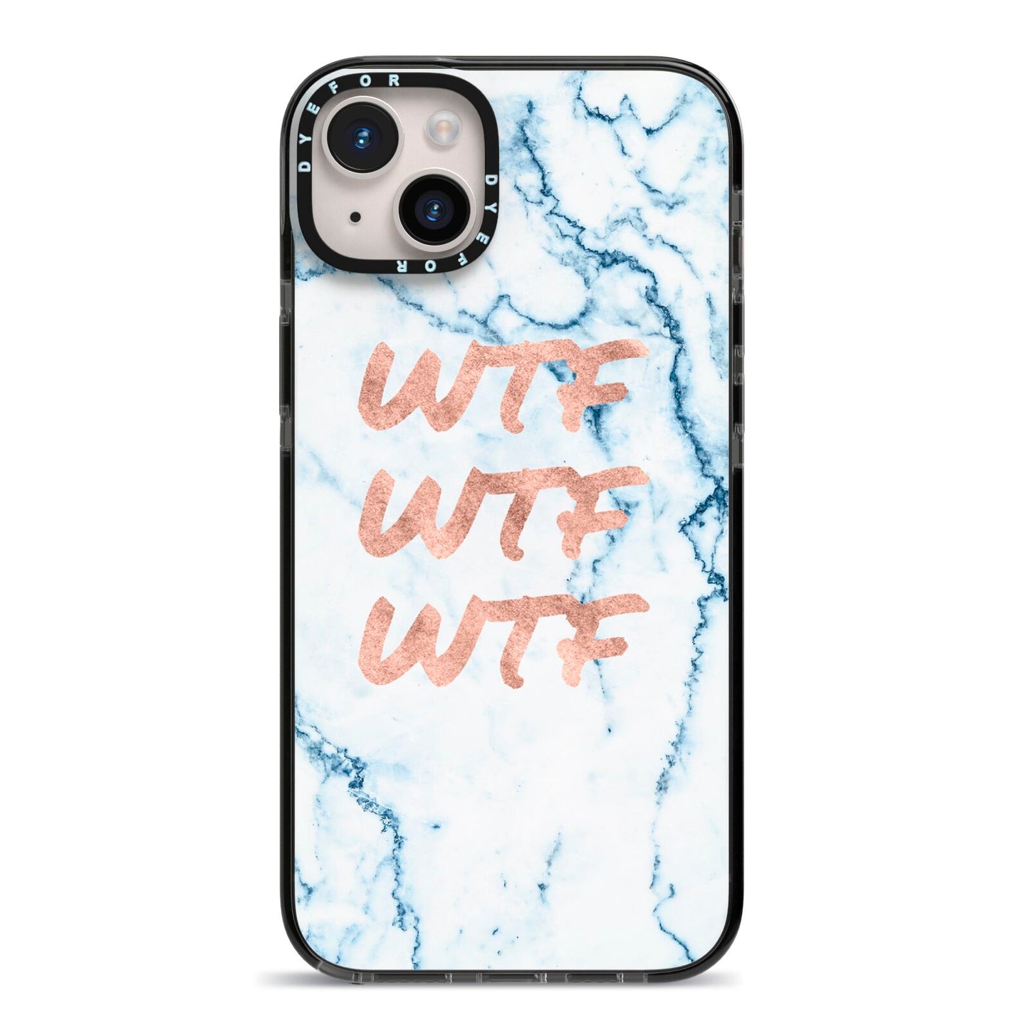 Wtf Rose Gold Blue Marble Effect iPhone 14 Plus Black Impact Case on Silver phone