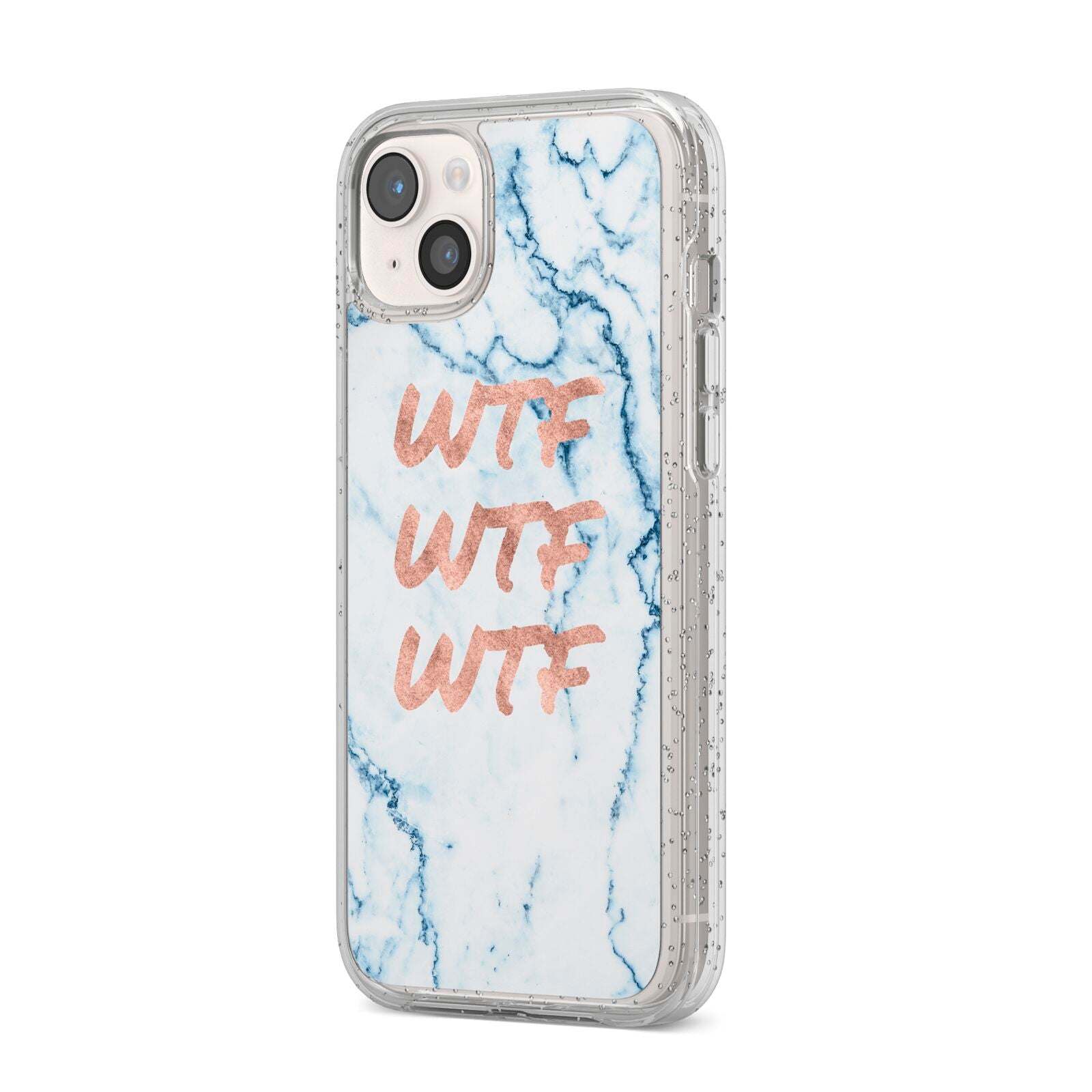 Wtf Rose Gold Blue Marble Effect iPhone 14 Plus Glitter Tough Case Starlight Angled Image